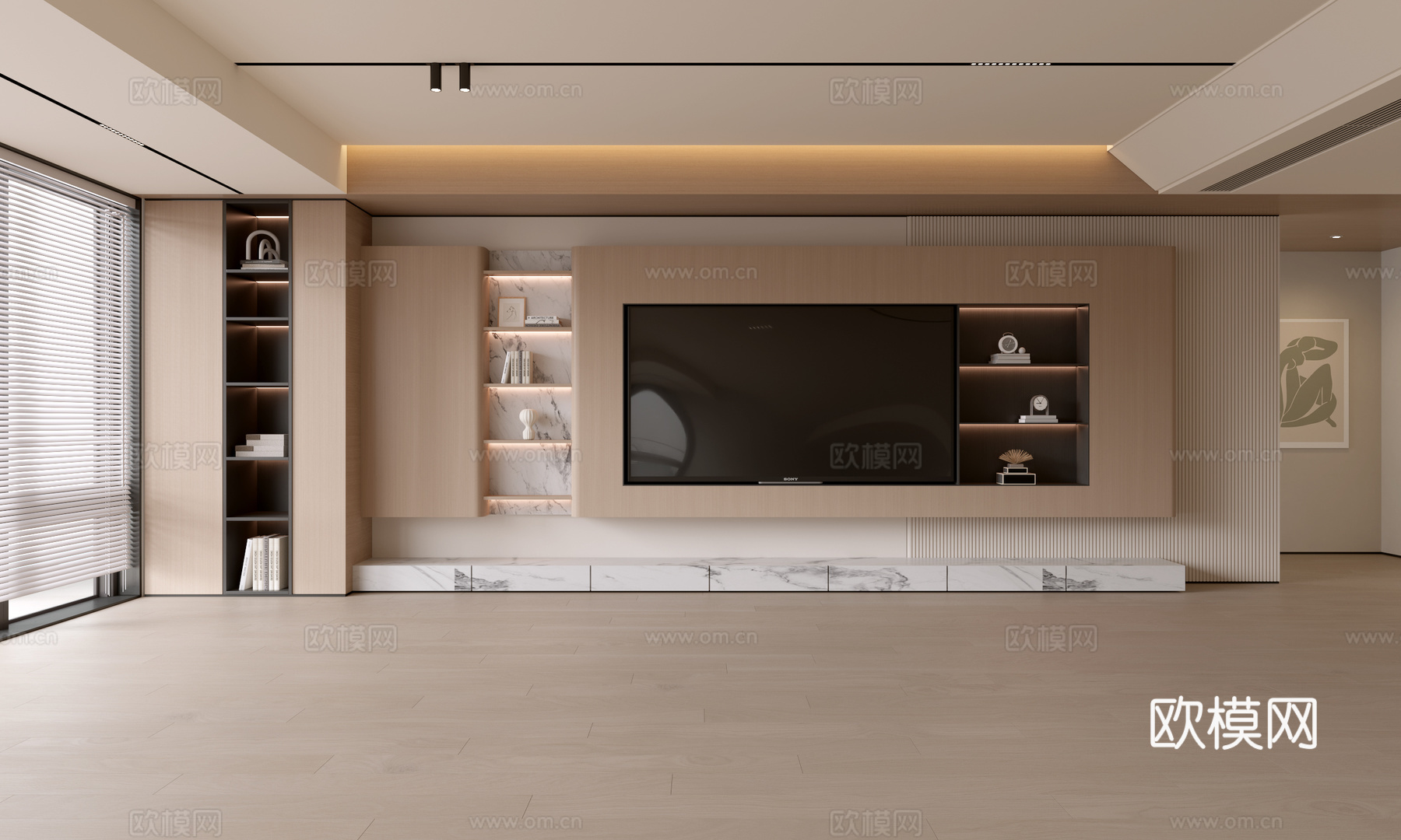 现代客厅 奶油客厅 电视背景墙 客厅背景 奶油风背景墙su模型下载（渲染图1）