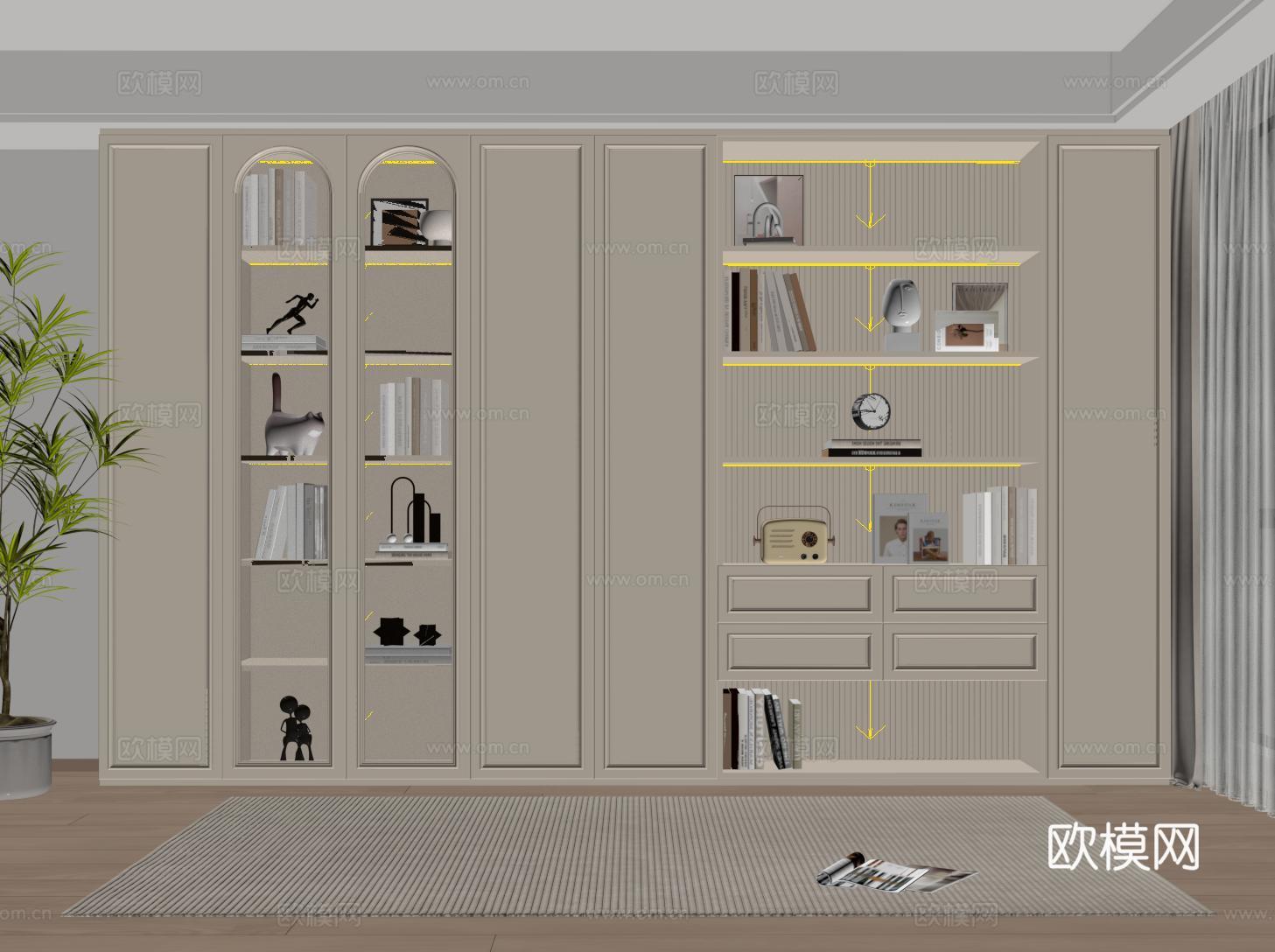 法式奶油书柜 定制满墙书柜 书籍su模型