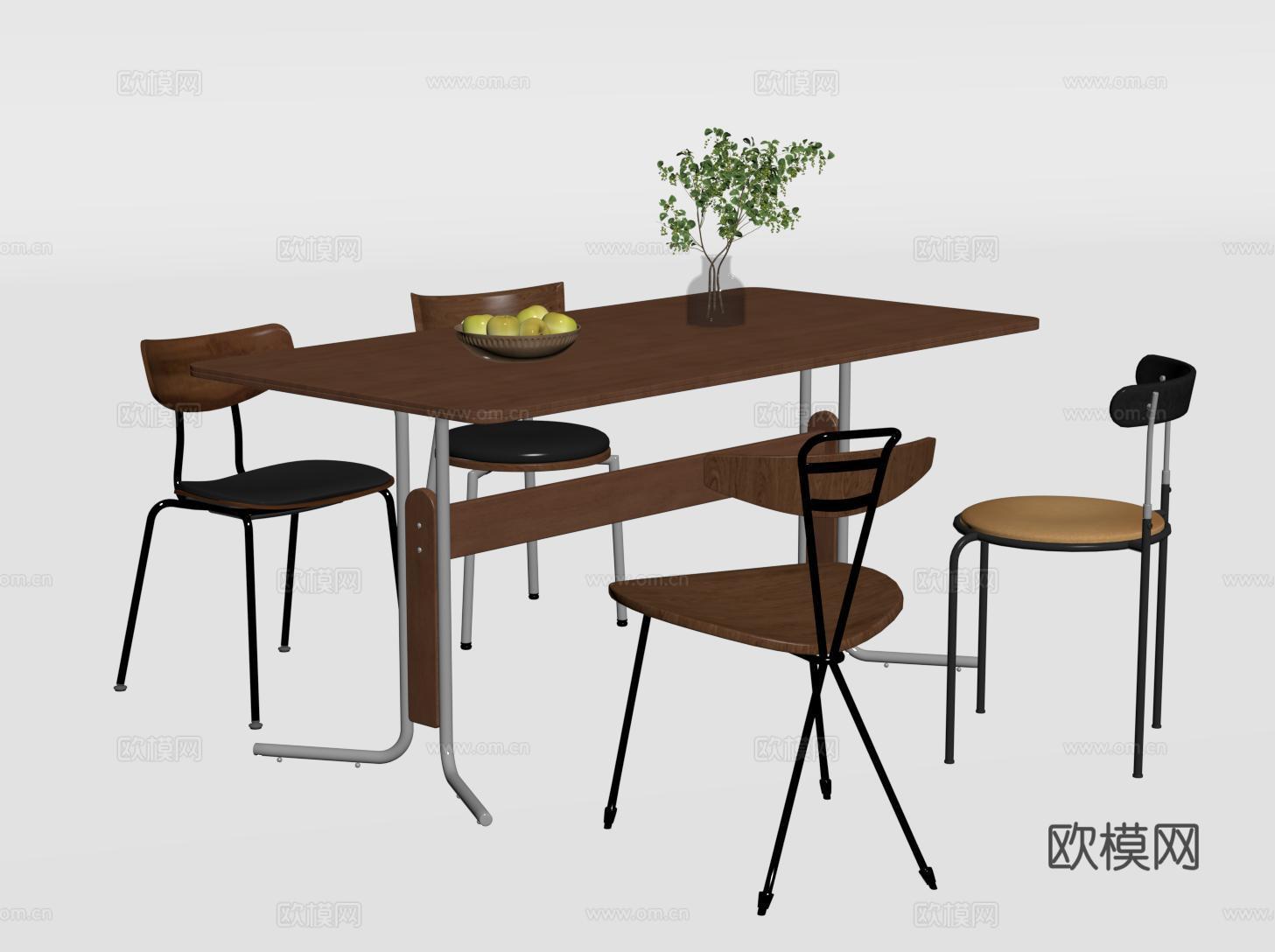 复古中古餐桌椅 餐椅 不锈钢长方形餐桌su模型