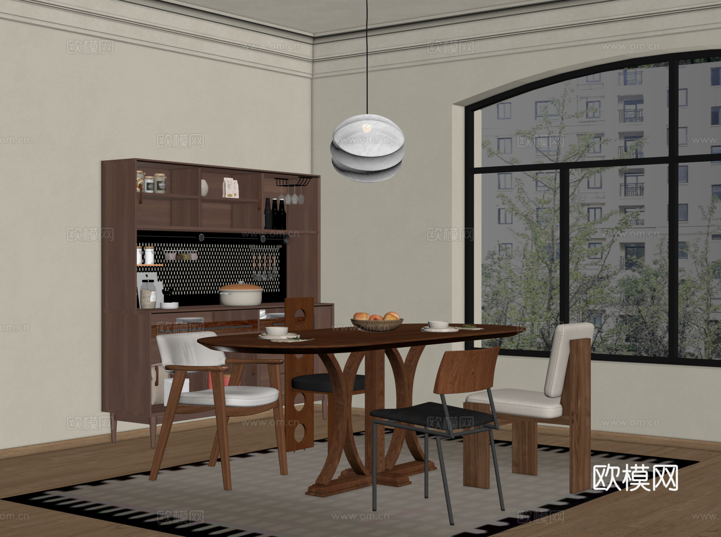 中古复古餐厅 餐桌椅 餐边柜su模型