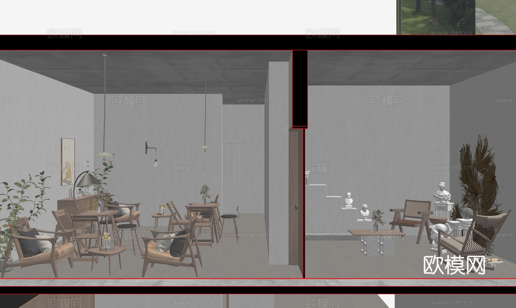 侘寂奶茶店 咖啡厅 小包间su模型