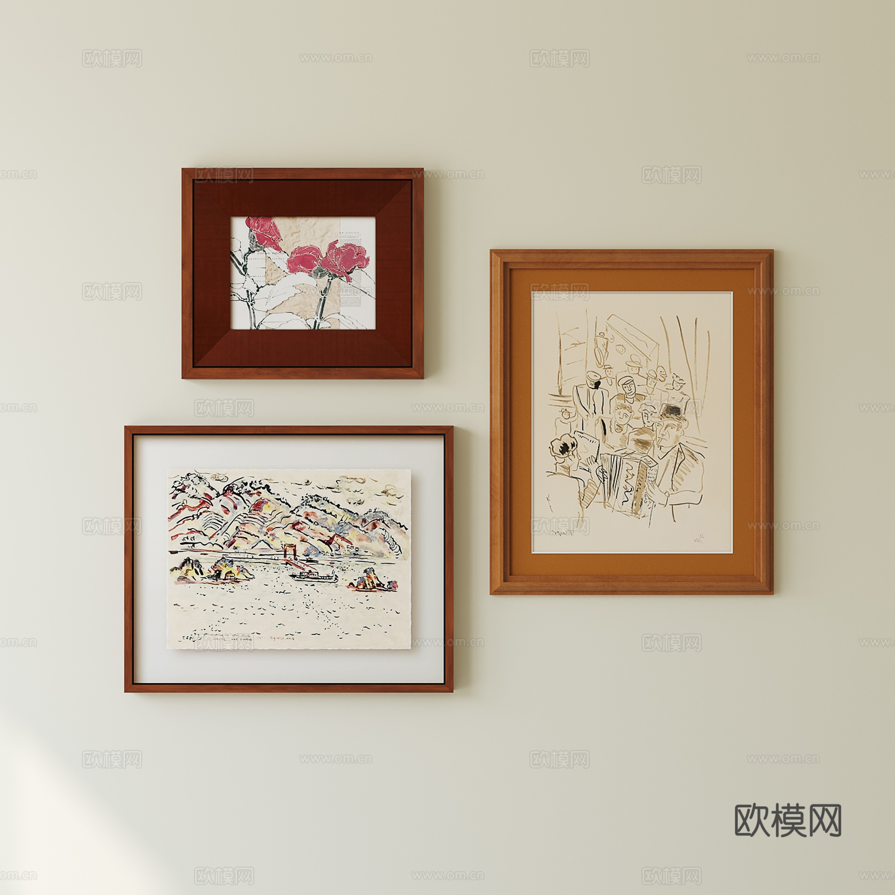 现代中古挂画组合su模型