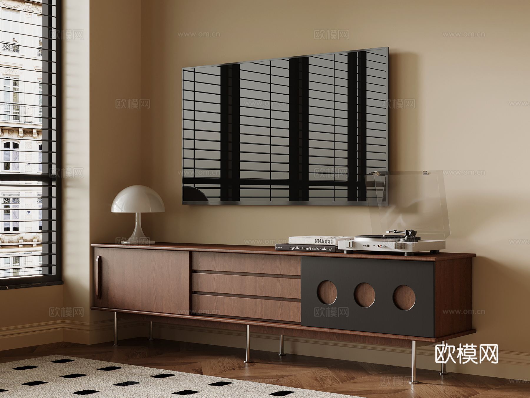 中古风电视柜su模型下载（渲染图1）