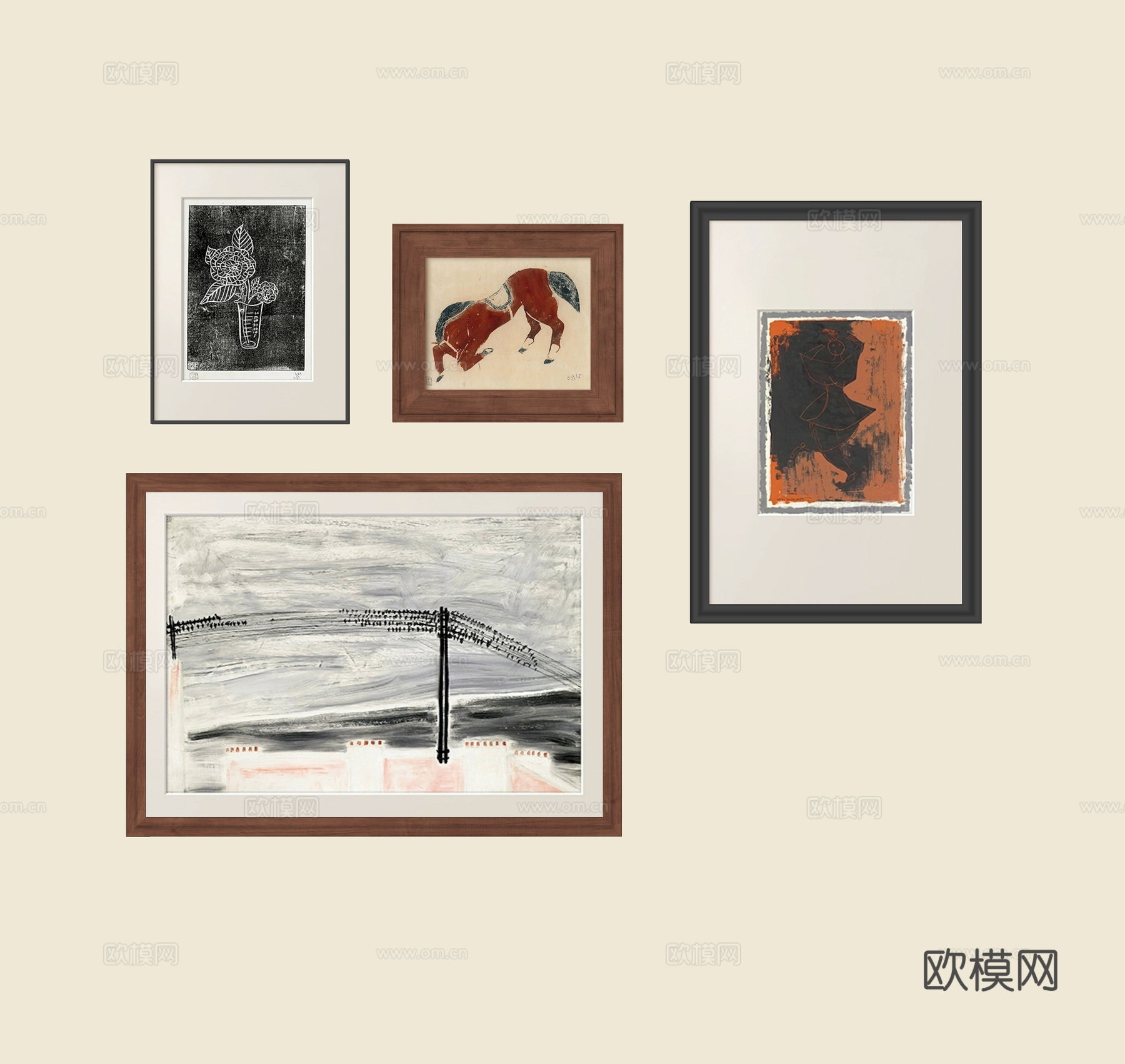 侘寂中古挂画组合 照片墙su模型