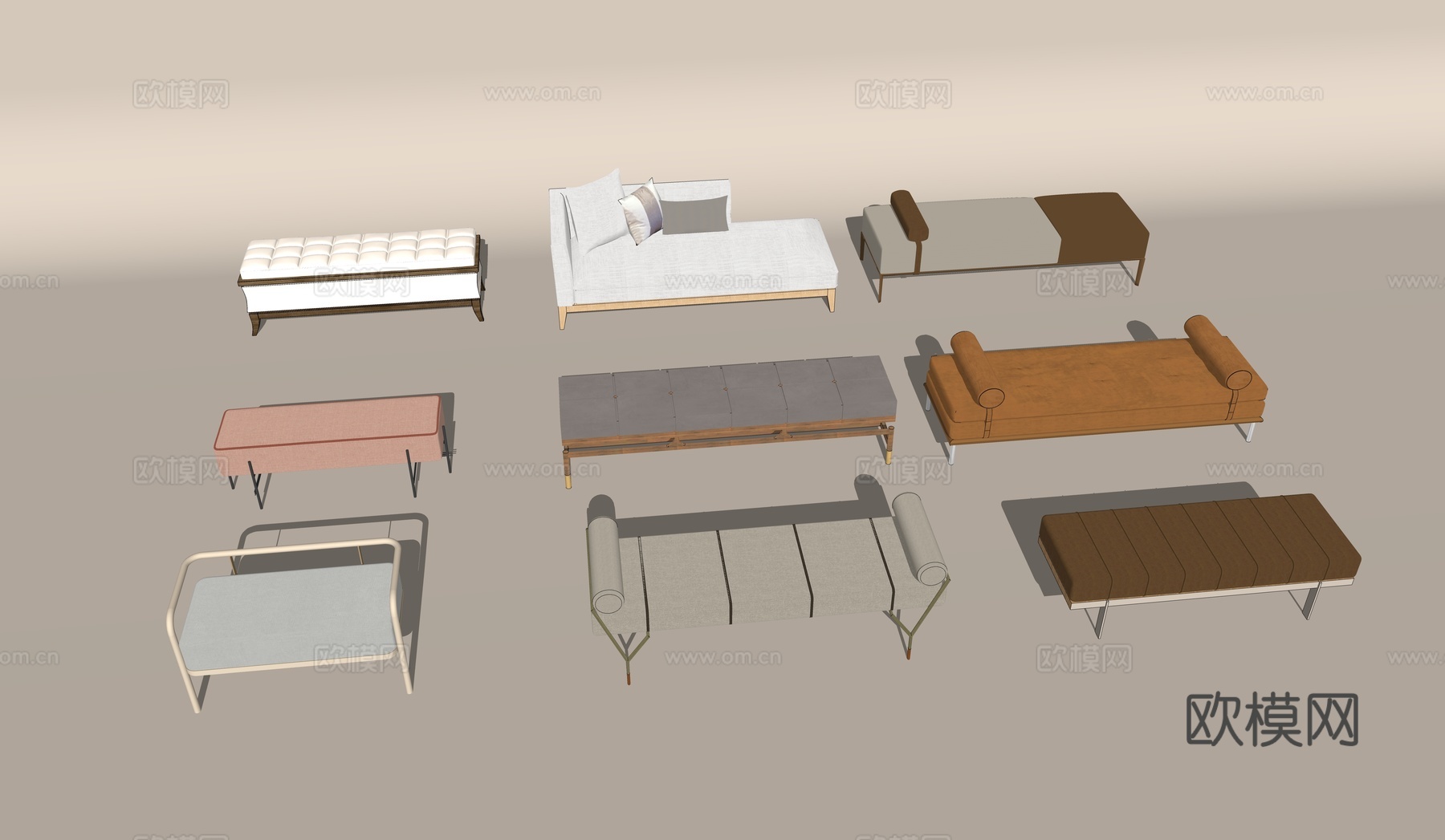 床榻 床尾凳组合贵妃椅su模型