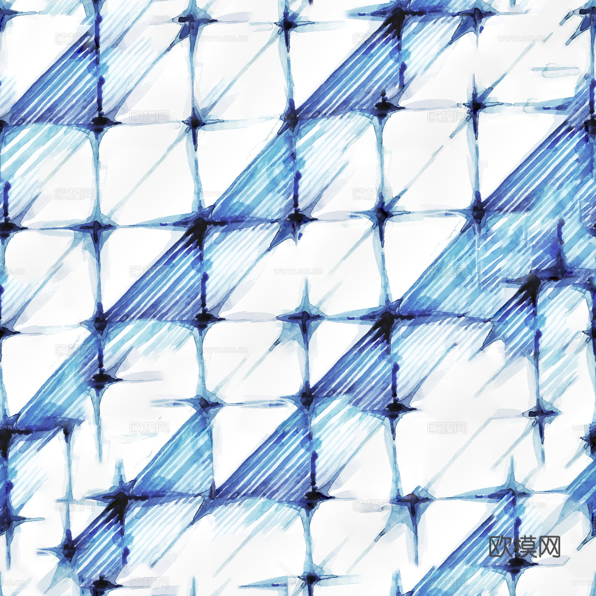 手绘蓝色水彩蜡染扎染印花布纹80