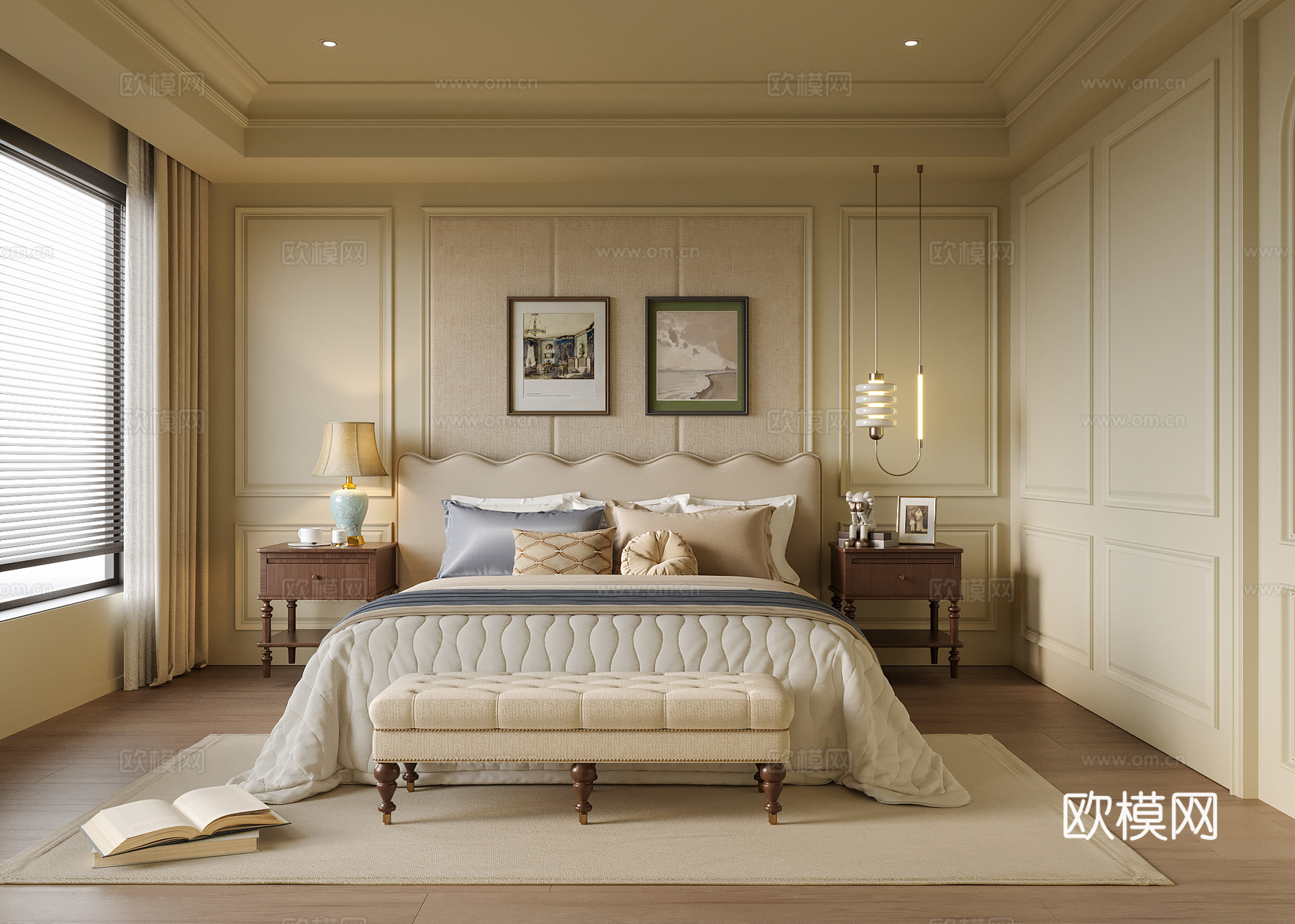 美式卧室 双人床 床尾凳 床头柜su模型