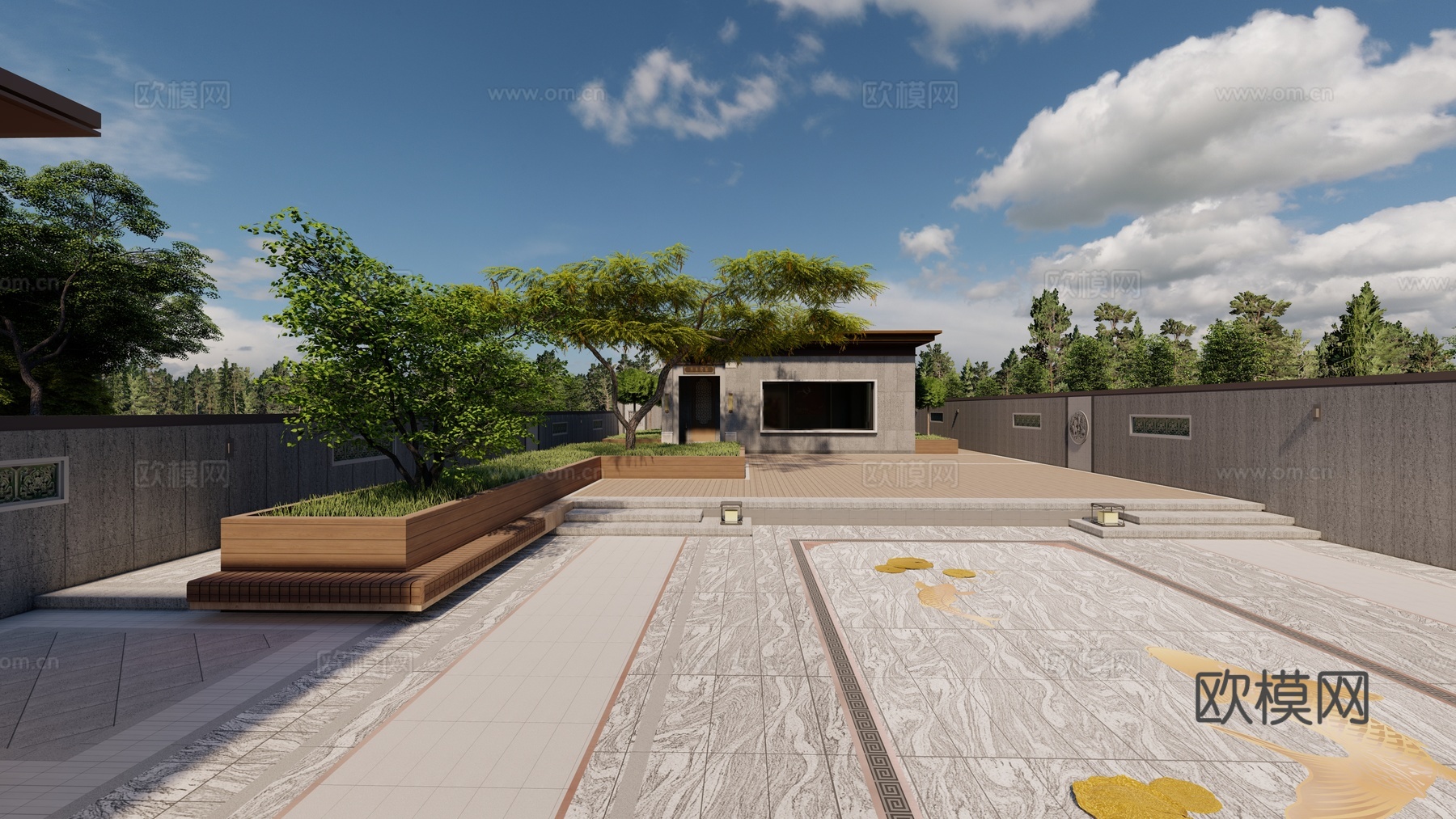 中式 新中式 庭院 屋顶花园 中式连廊 门头 中式浮雕壁画su模型