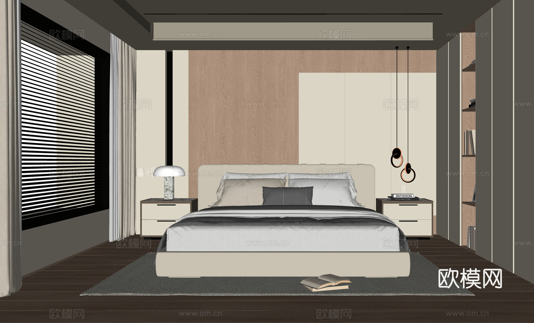 现代卧室 双人床 床头柜su模型