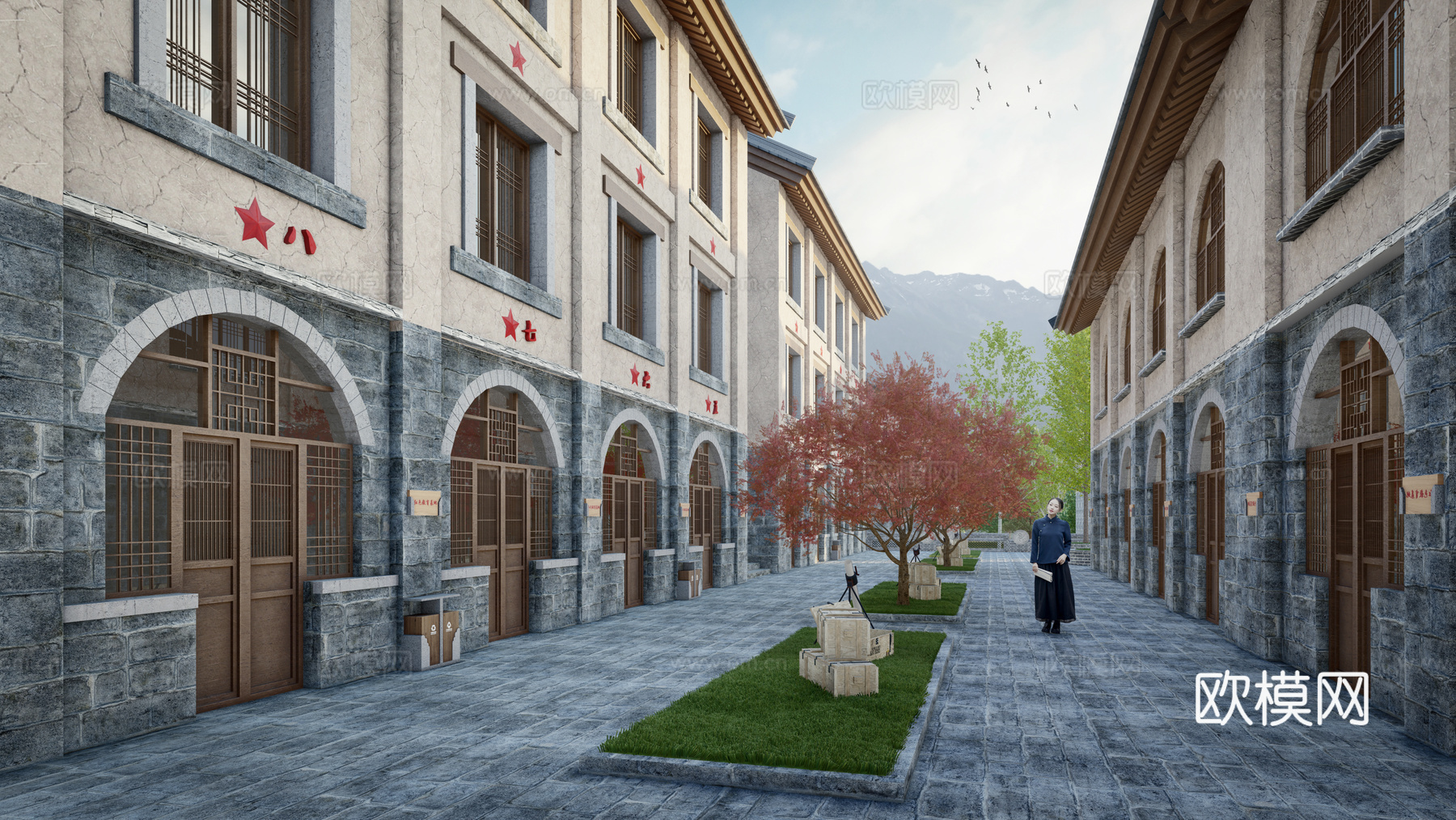 新中式红色教育基地 革命教育 党建教育 党史教育 研学基地su模型