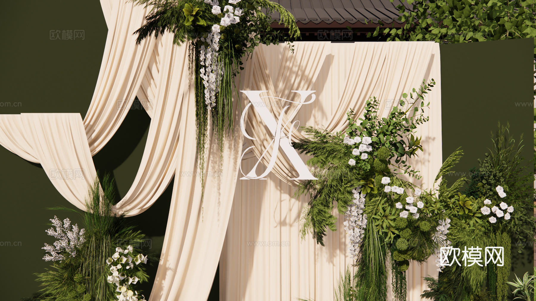 小众自然系白绿花艺婚礼布幔美陈su模型