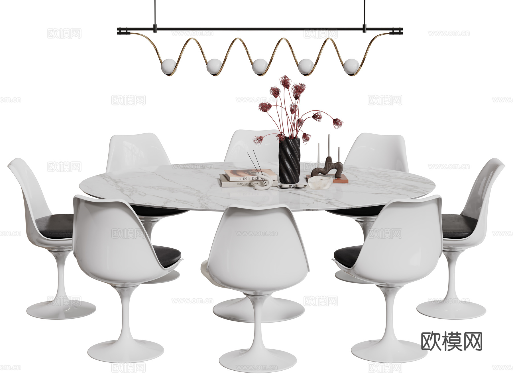 现代桌椅组合 餐桌组合 大理石餐桌 长桌 休闲桌椅su模型下载（渲染图1）