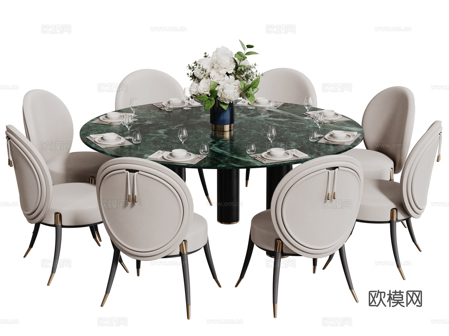 现代轻奢餐桌椅 餐桌组合 圆形餐桌 包厢餐桌椅 多人餐桌椅su模型