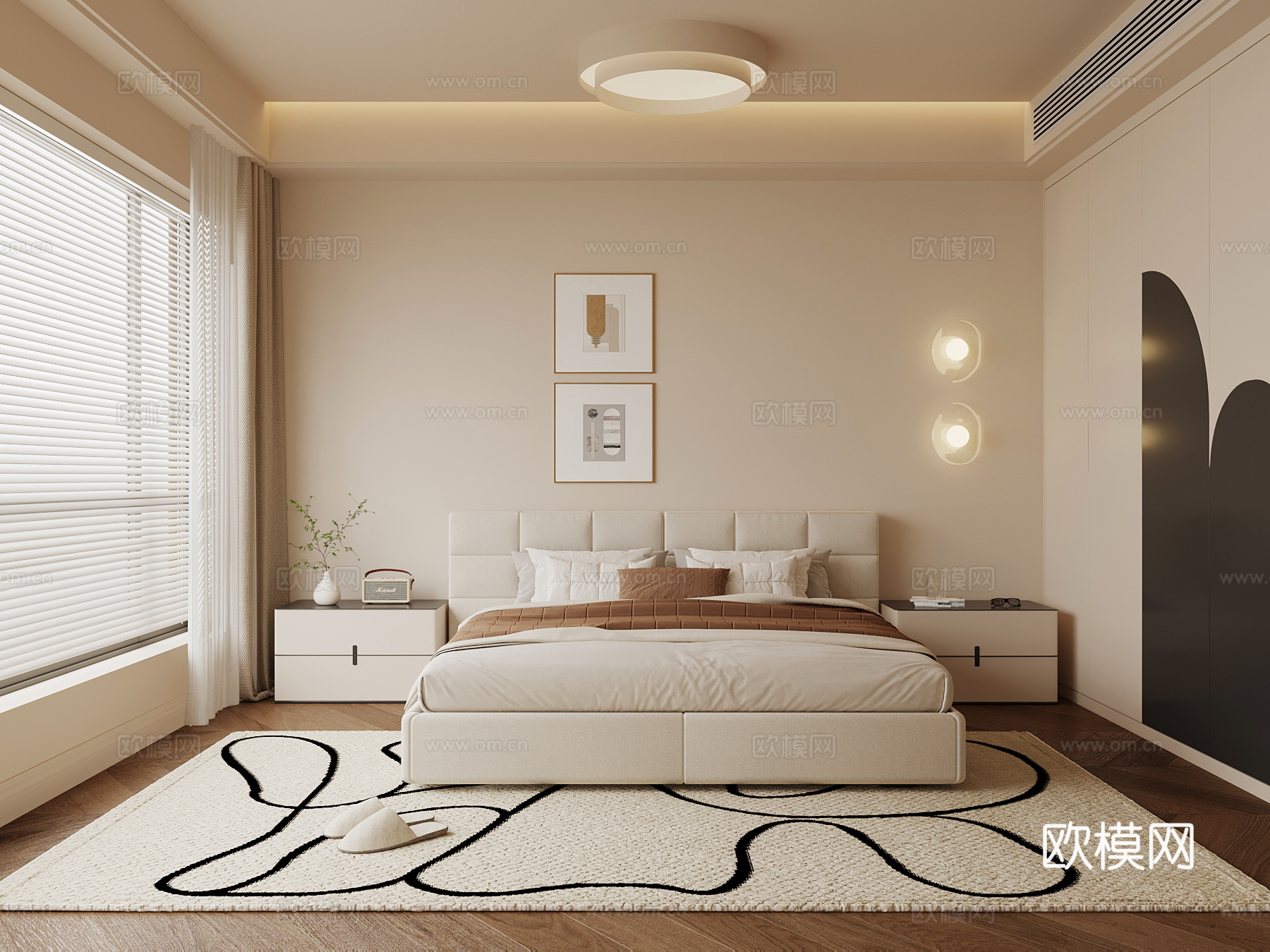 现代奶油风卧室 双人床 衣柜su模型
