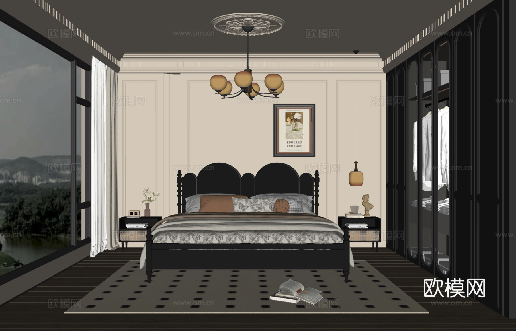 法式中古风卧室 实木双人床 床头柜 吊灯 挂画 地毯su模型