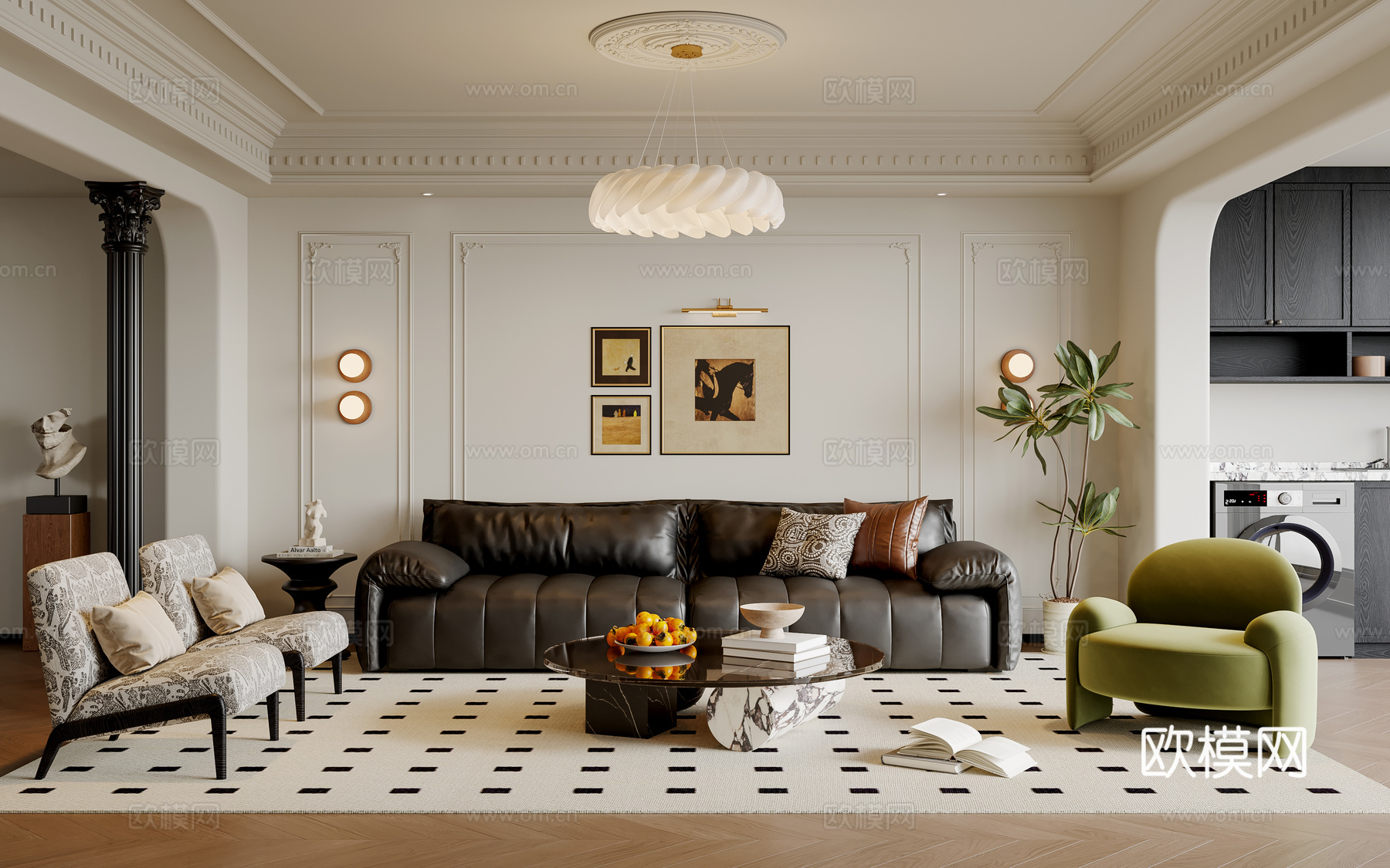法式中古风客厅 沙发茶几 多人沙发 休闲椅 吊灯 挂画 地毯su模型