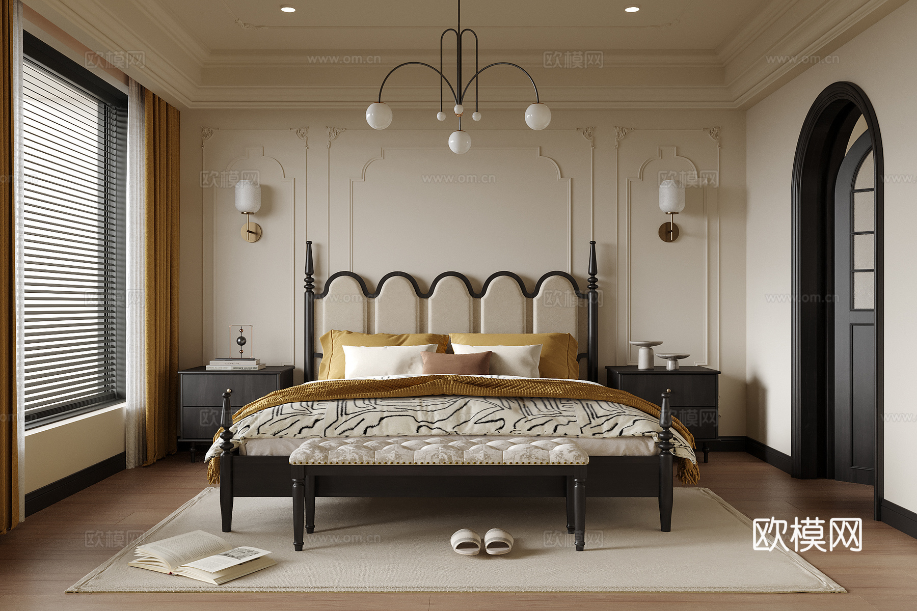 法式卧室 双人床 床尾凳su模型