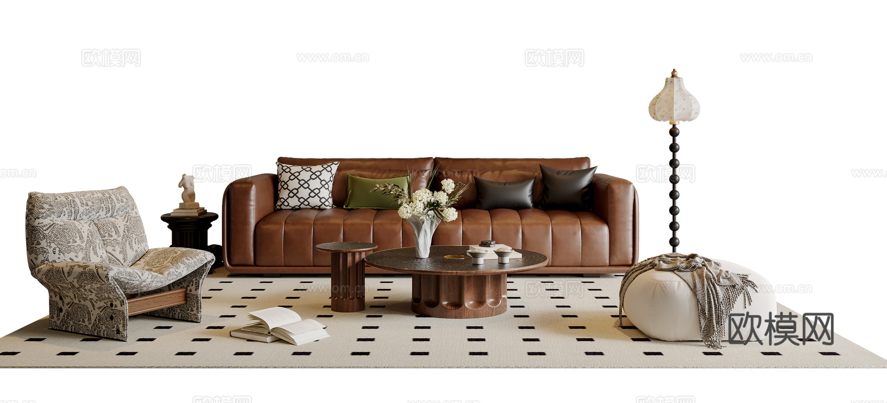 法式沙发茶几组合 多人沙发 休闲沙发 落地灯 地毯su模型