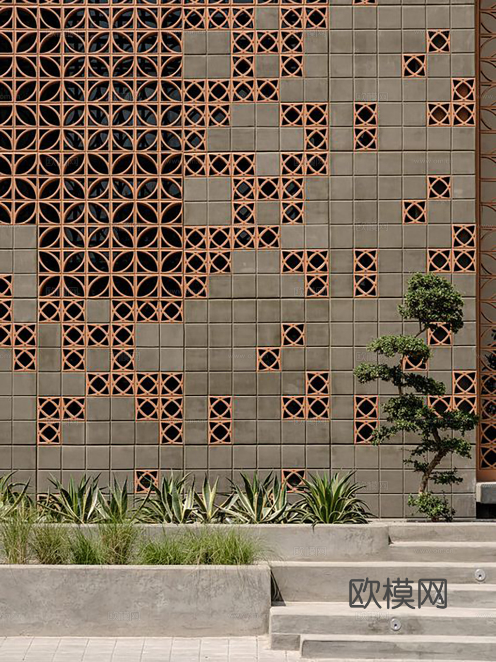 现代几何镂空砖墙建筑立面下载
