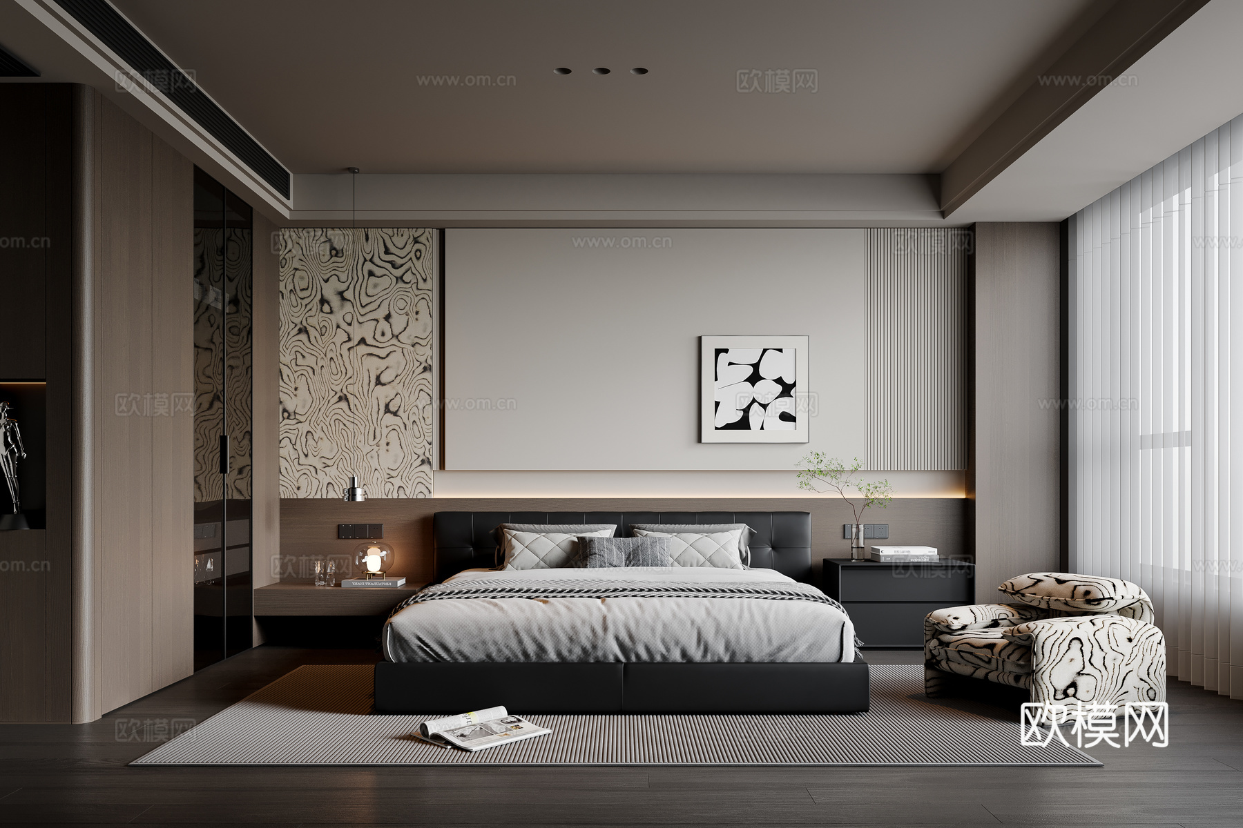 现代意式卧室 皮质双人床 床头柜 吊灯 挂画 衣柜su模型