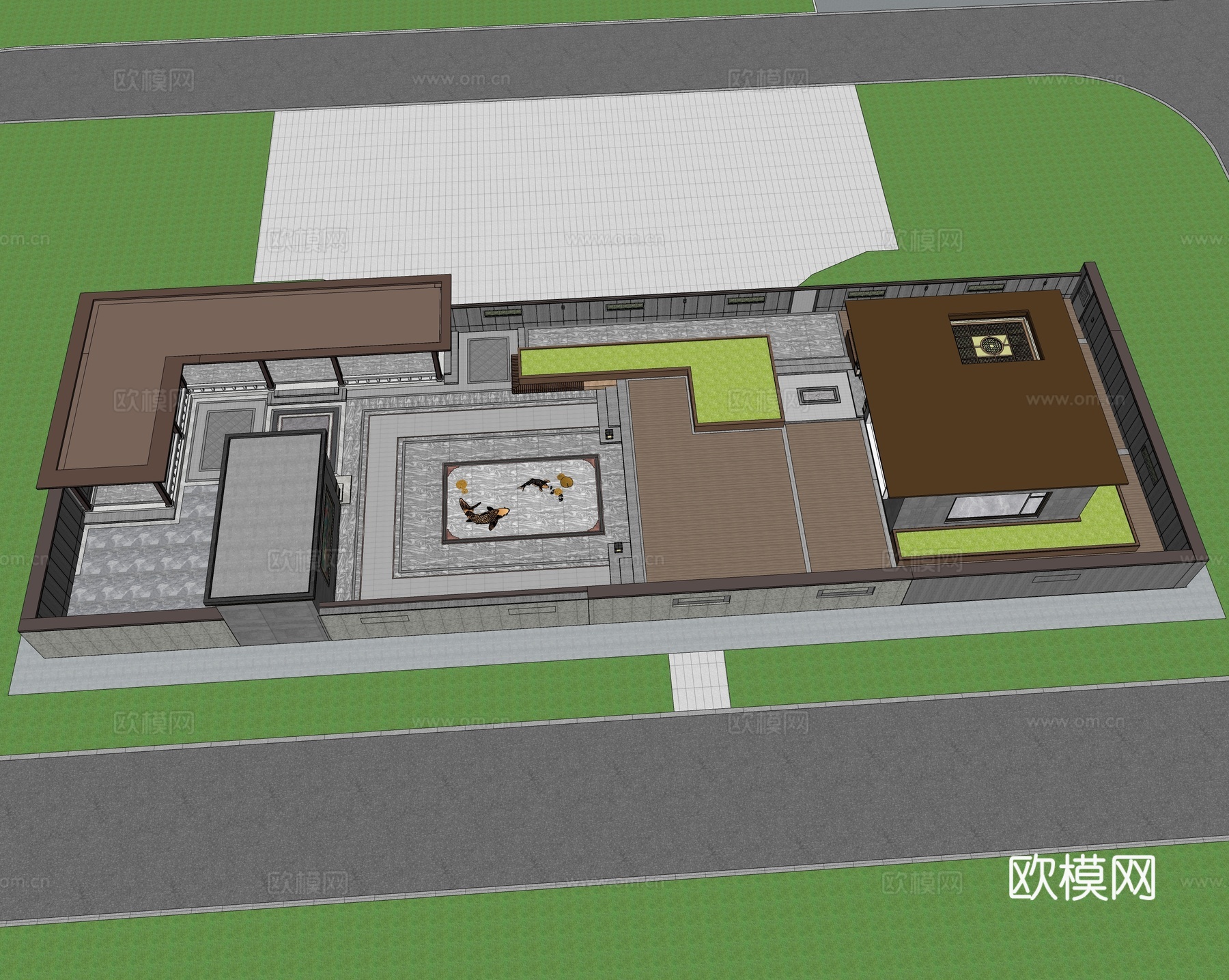 中式 新中式 庭院 屋顶花园 中式连廊 门头 中式浮雕壁画su模型