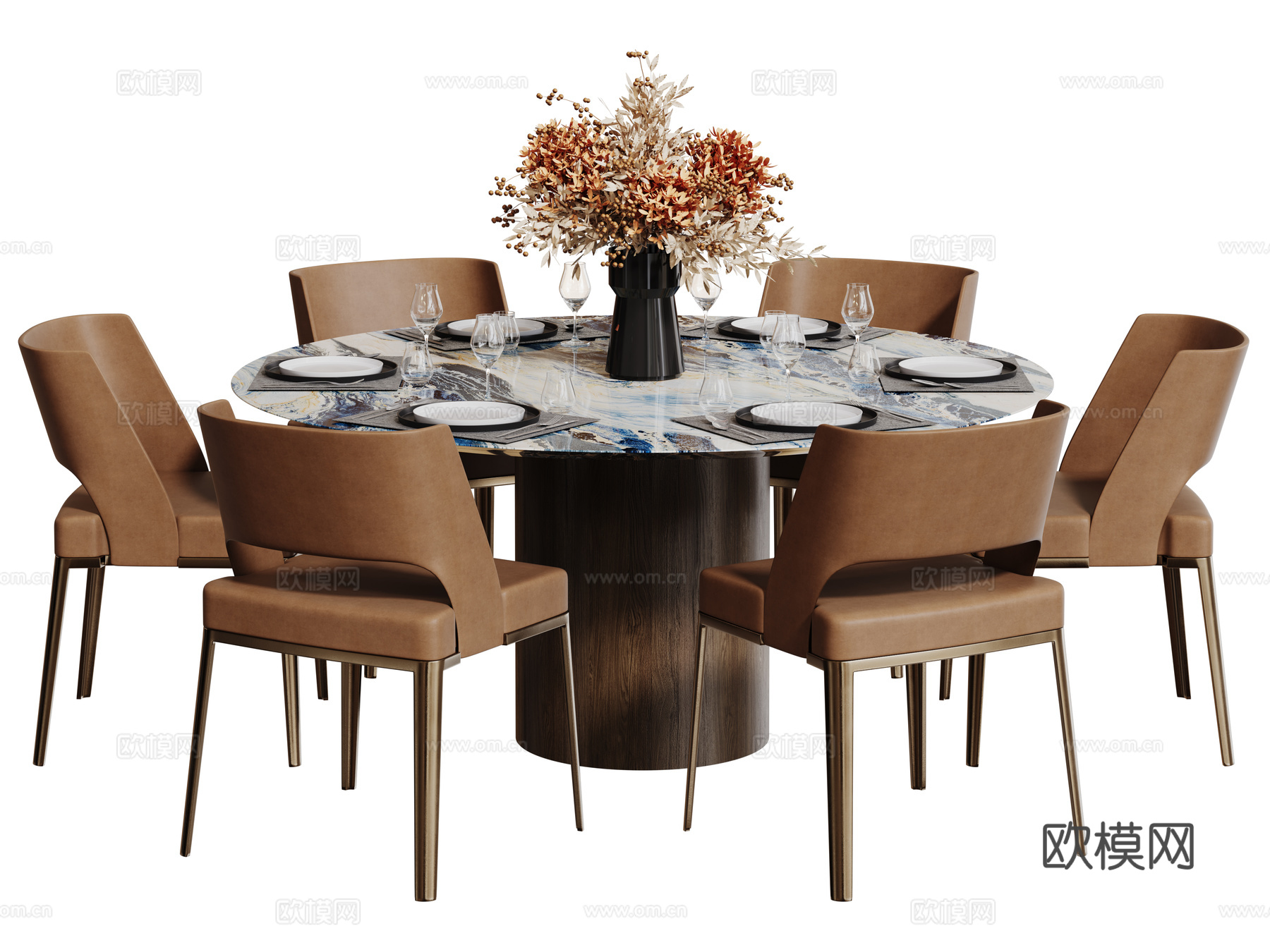 现代轻奢餐桌椅 餐桌组合 圆形餐桌 包厢餐桌椅 多人餐桌椅su模型