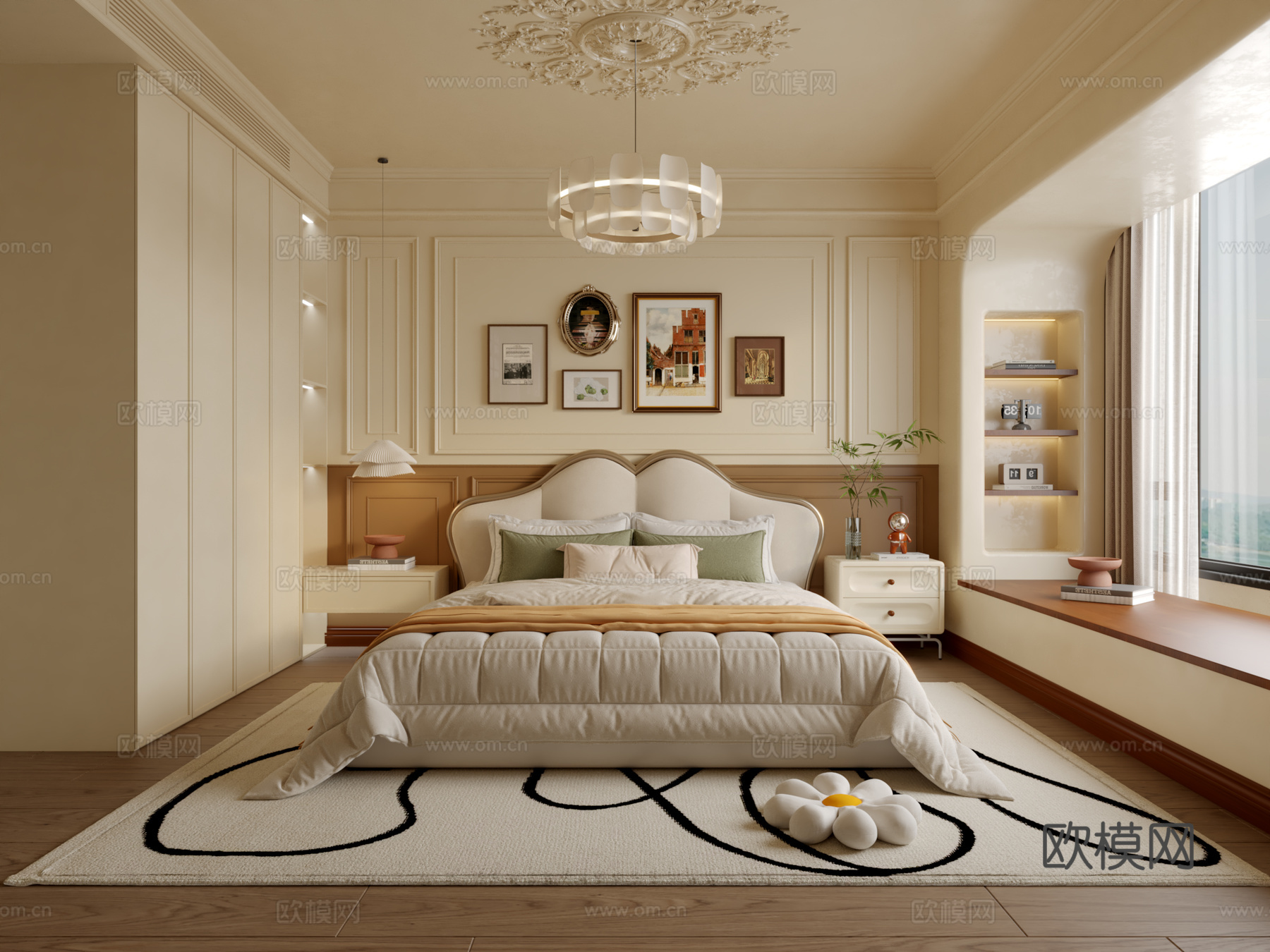 法式奶油风卧室3d模型下载（渲染图1）