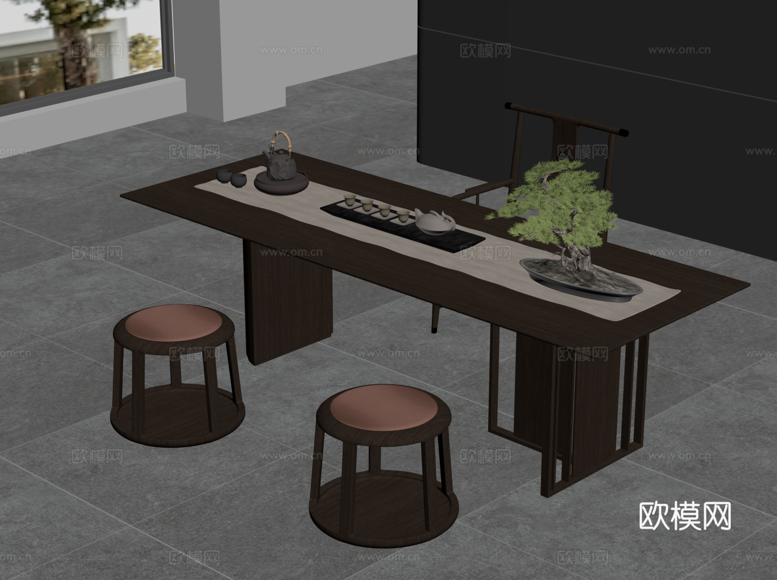 新中式茶桌椅 实木茶桌su模型