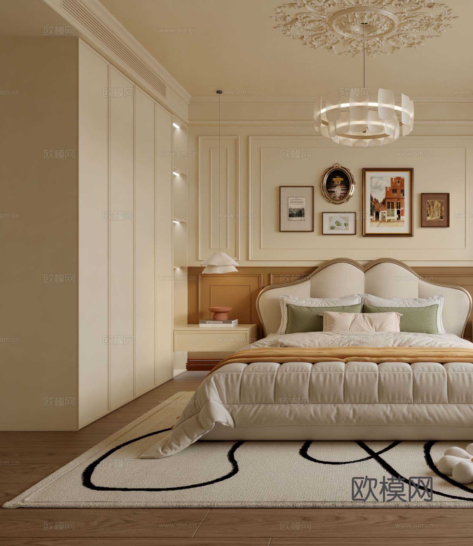 法式奶油风卧室3d模型下载（渲染图2）