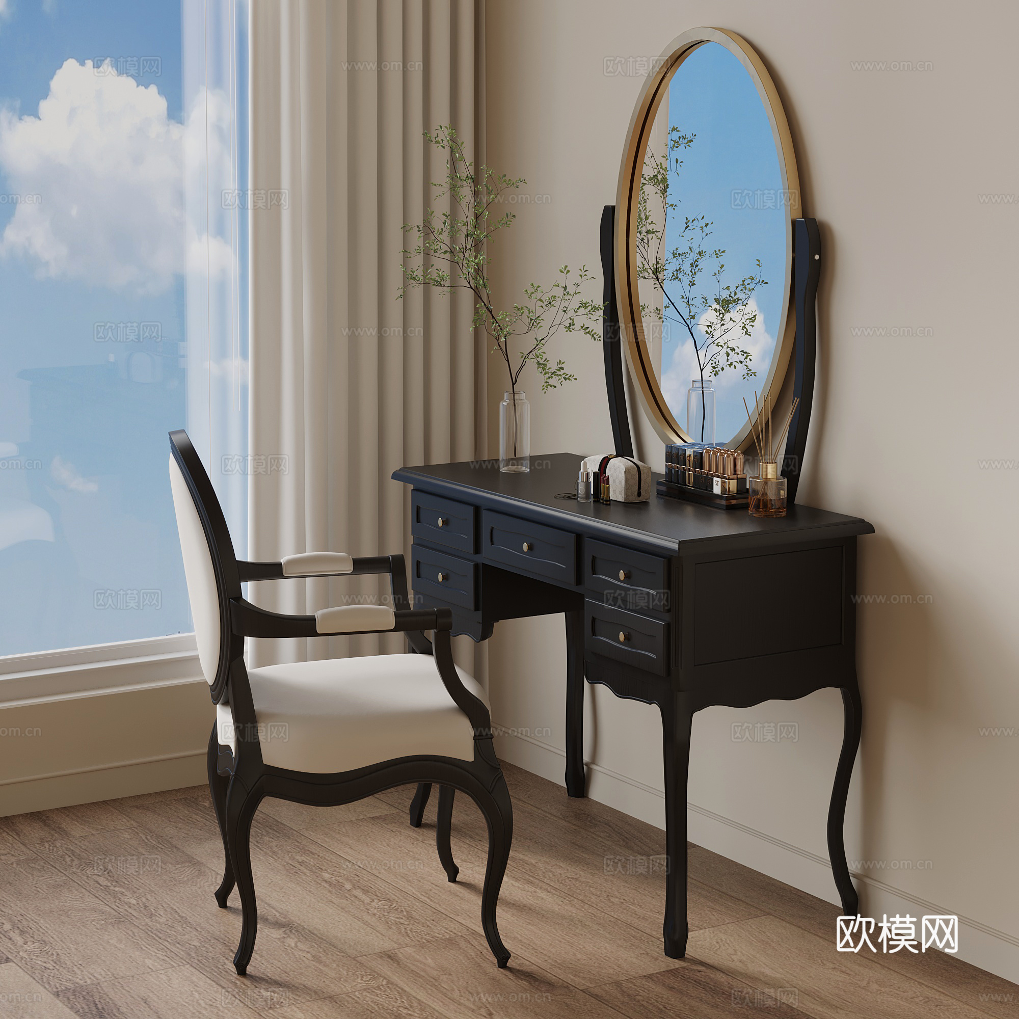 法式复古梳妆台 梳妆椅su模型