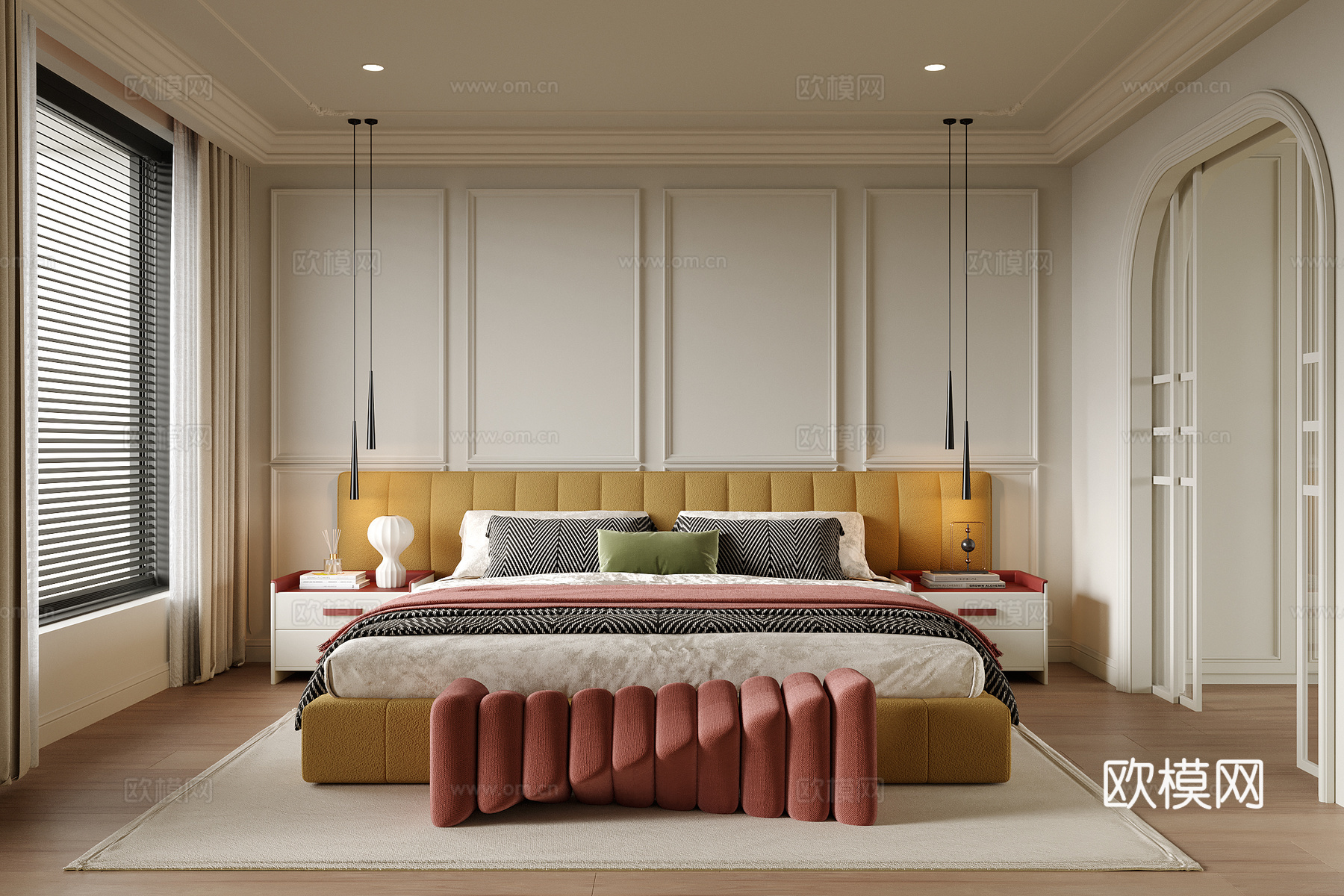 现代卧室 双人床 床尾凳su模型