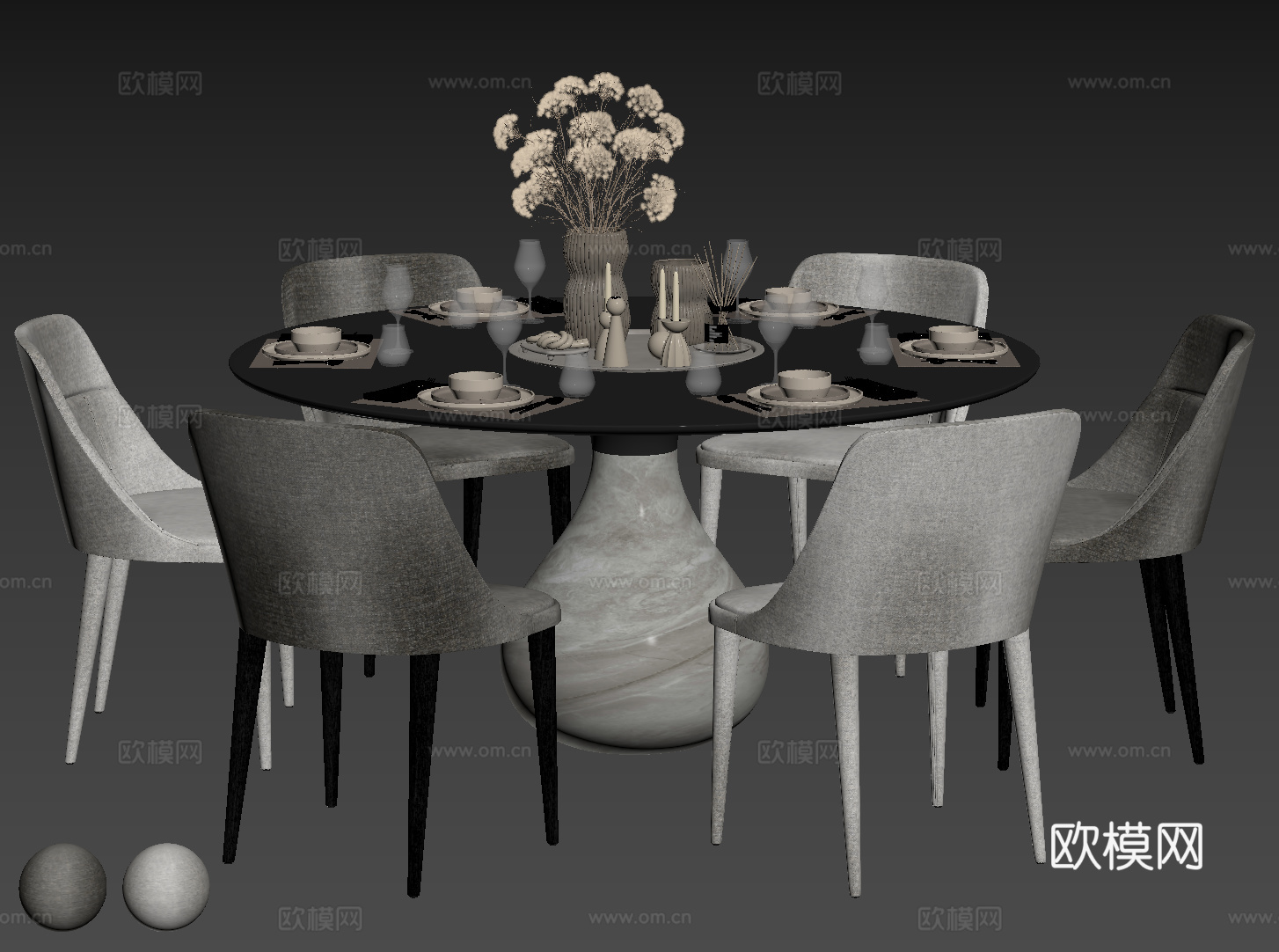 现代轻奢餐桌椅 餐桌组合 圆形餐桌 包厢餐桌椅 多人餐桌椅su模型