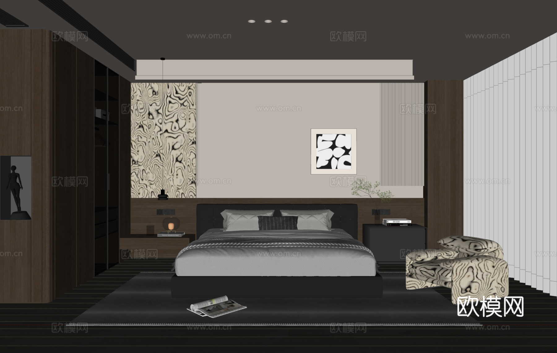 现代意式卧室 皮质双人床 床头柜 吊灯 挂画 衣柜su模型