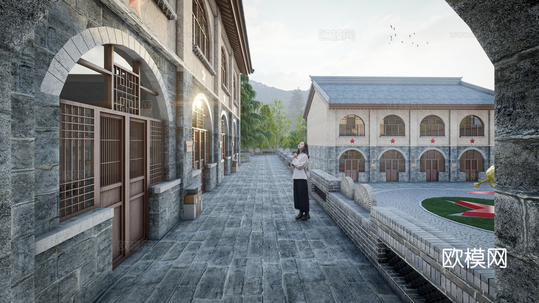 新中式红色教育基地 革命教育 党建教育 党史教育 研学基地su模型