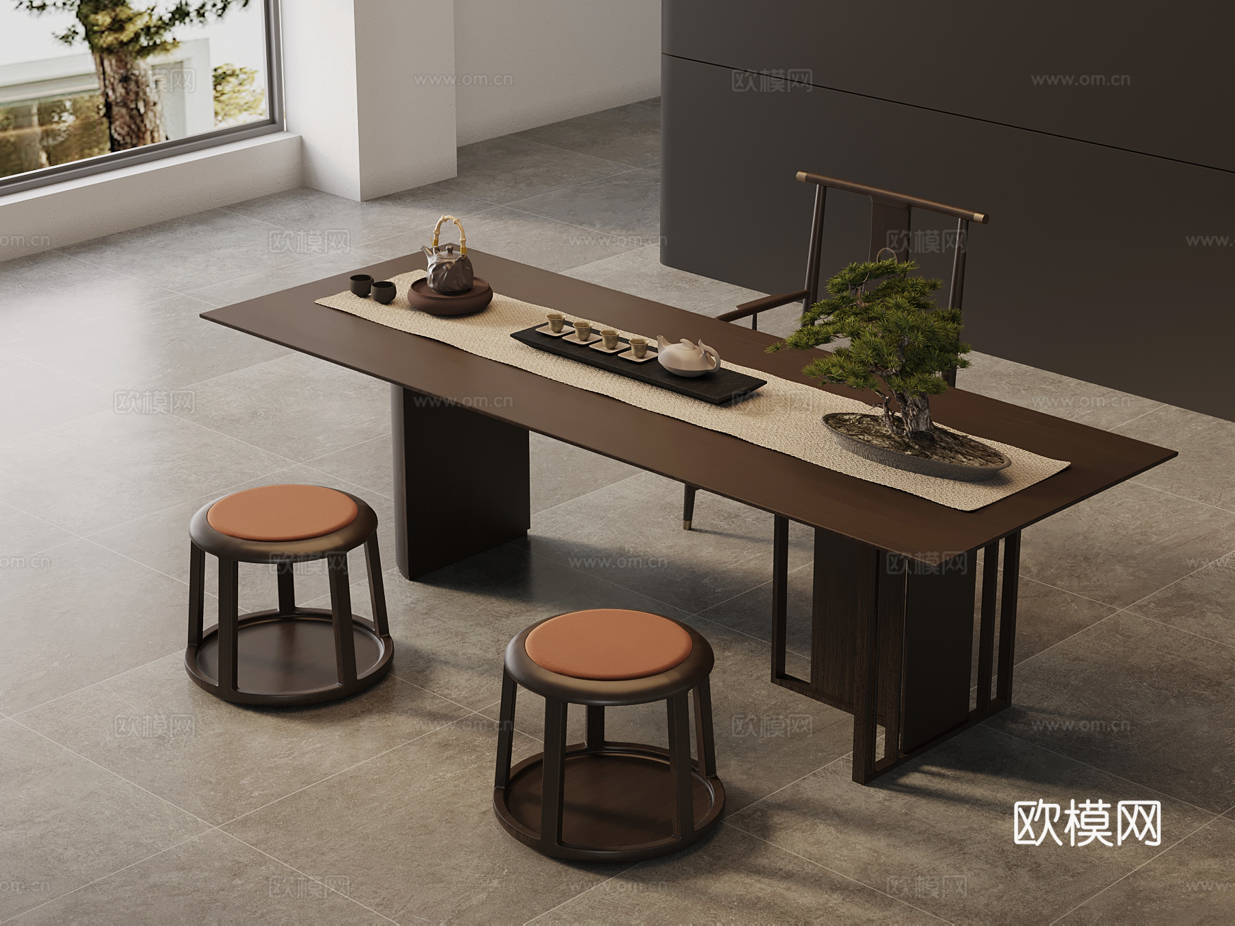 新中式茶桌椅 实木茶桌su模型