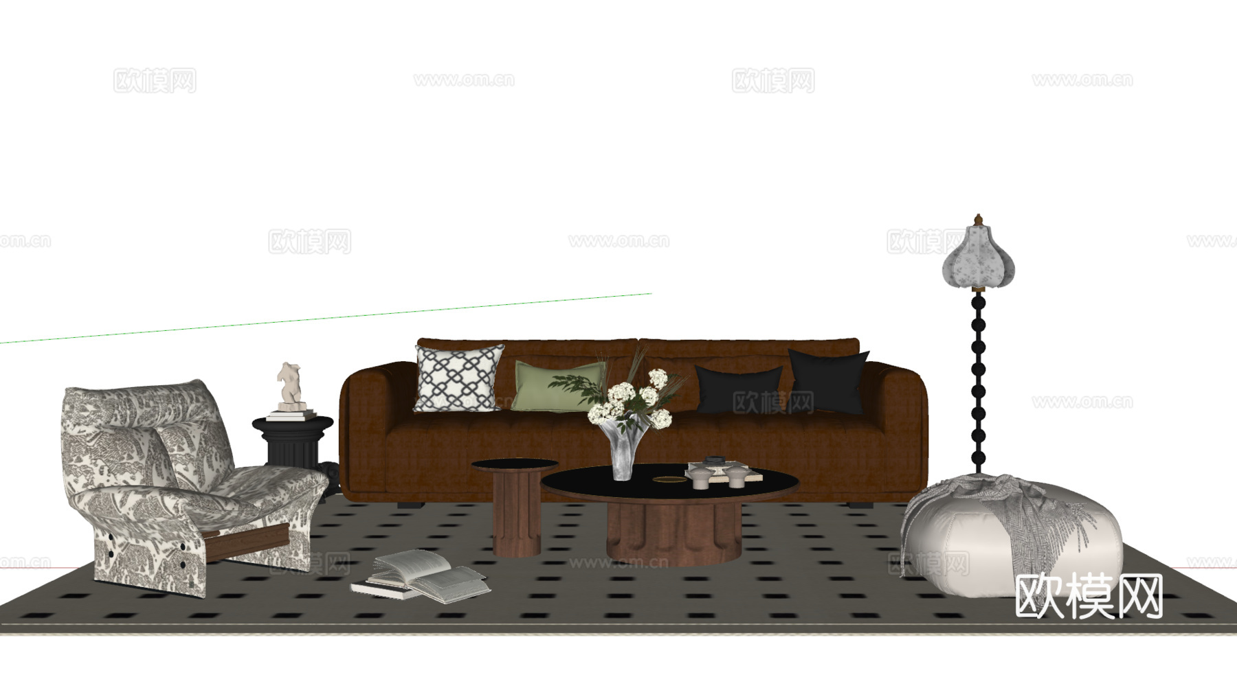 法式沙发茶几组合 多人沙发 休闲沙发 落地灯 地毯su模型