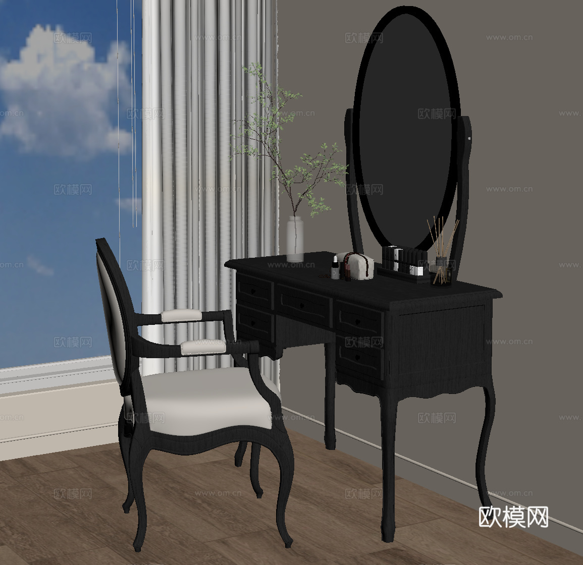 法式复古梳妆台 梳妆椅su模型