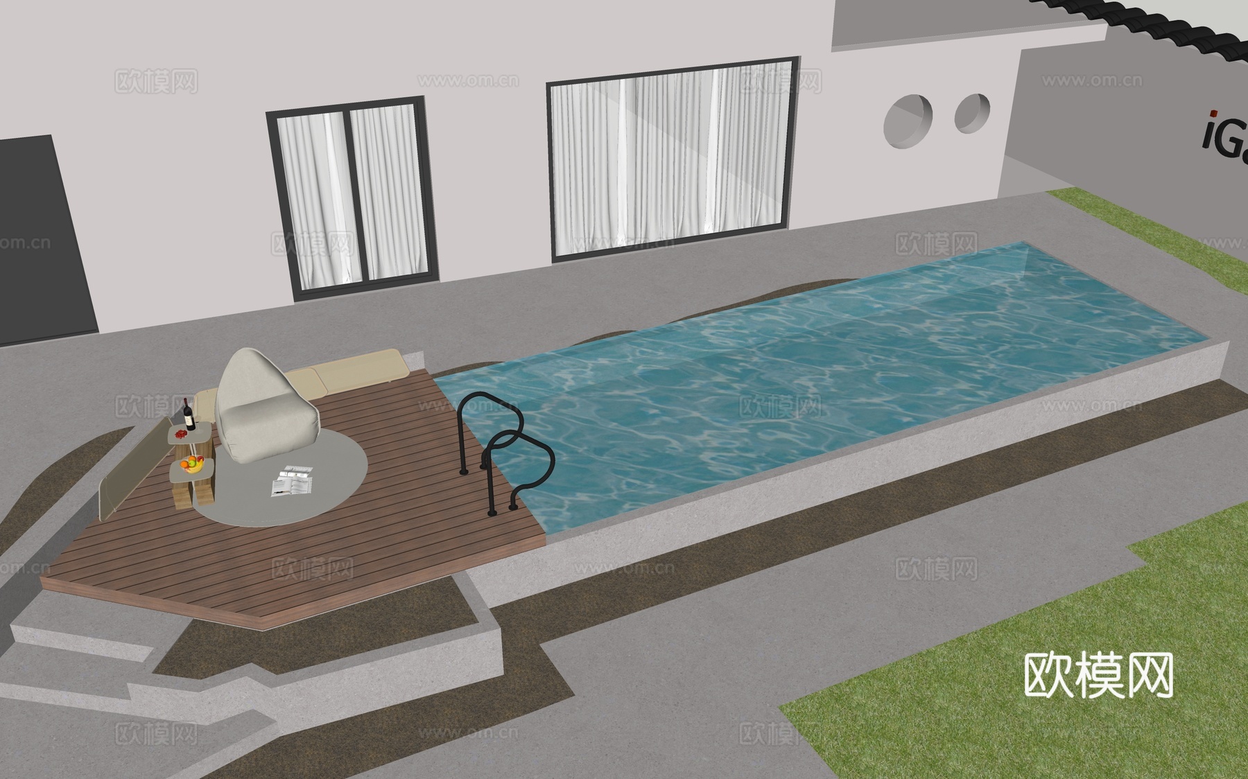 现代户外 庭院花园泳池 无边框泳池 休闲木平台 懒人沙发 屏su模型