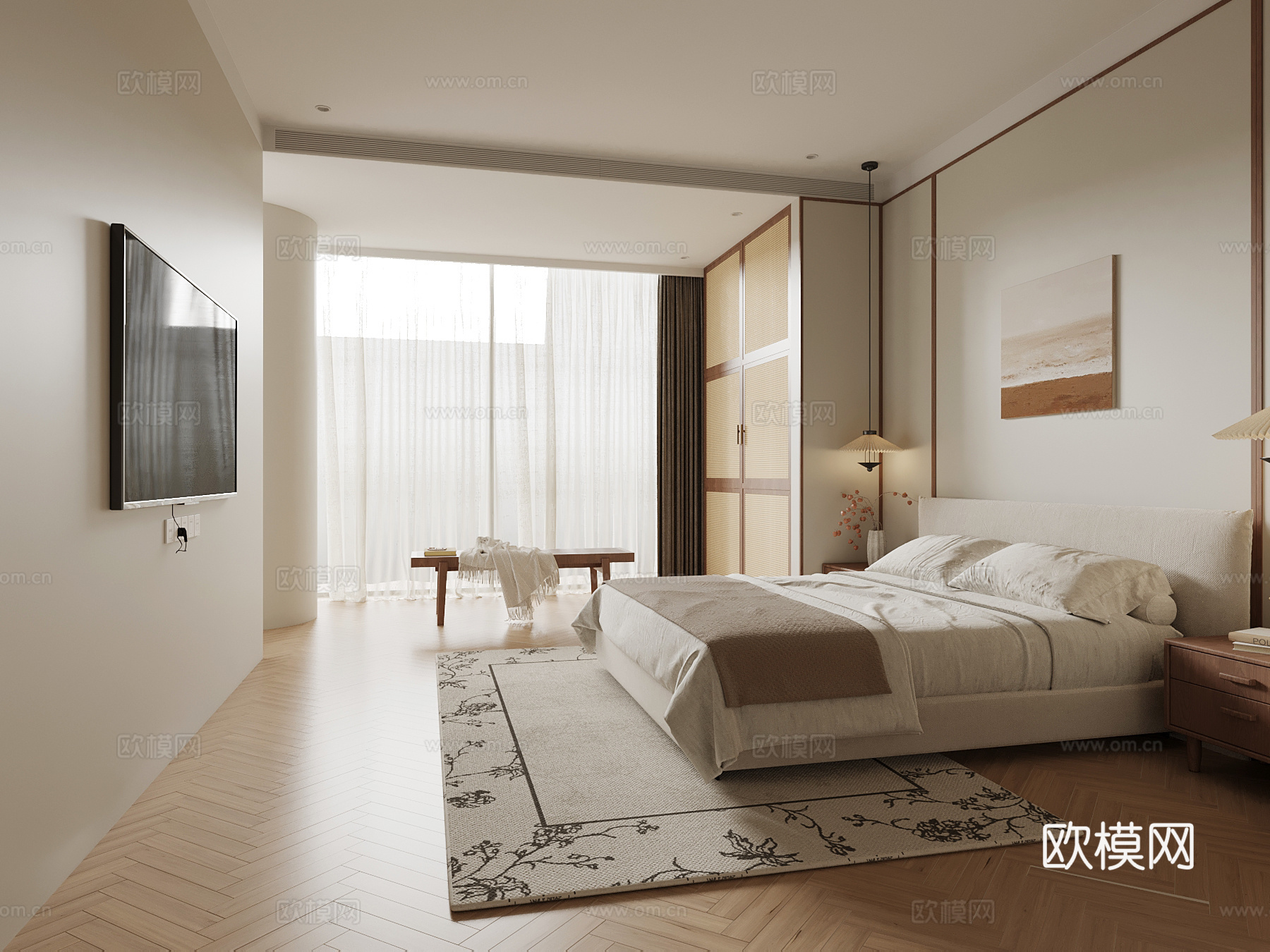 现代中古风卧室 双人床 衣柜su模型