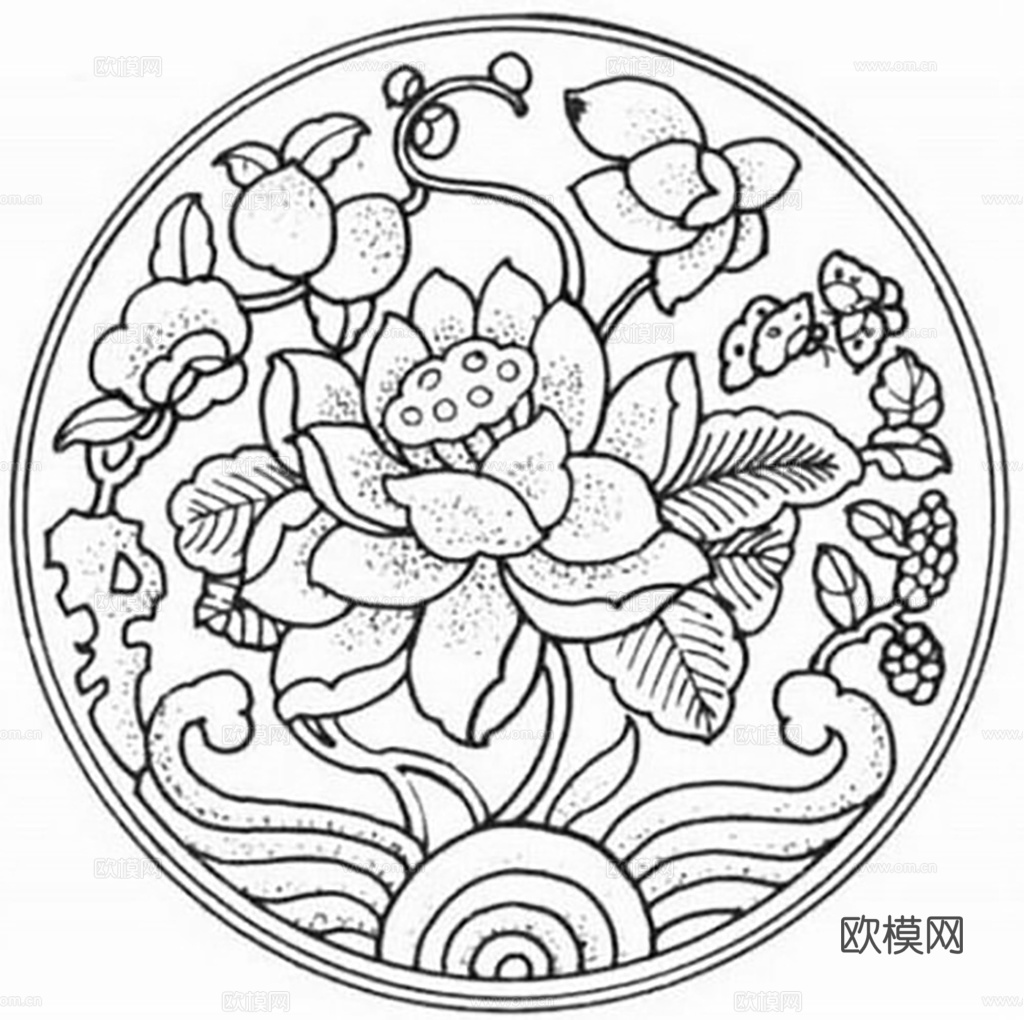 黑白线稿莲花装饰艺术设计