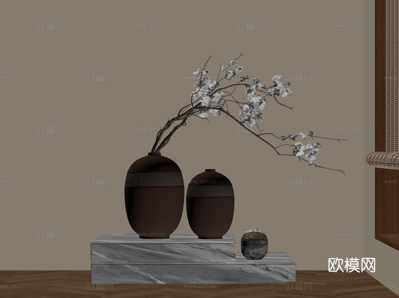 新中式花瓶 枯枝摆件su模型