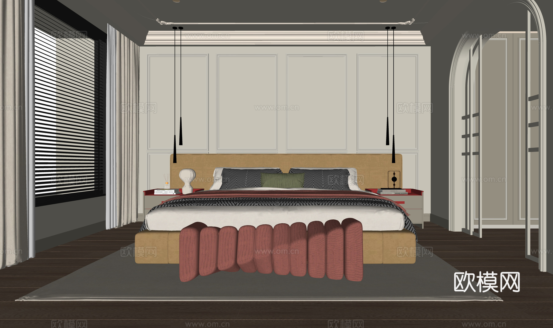 现代卧室 双人床 床尾凳su模型