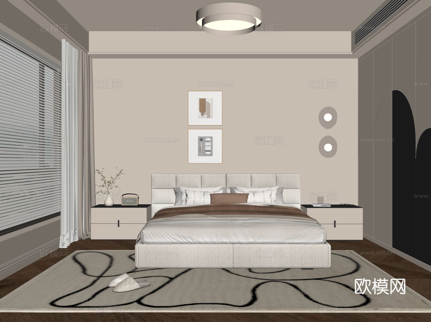 现代奶油风卧室 双人床 衣柜su模型
