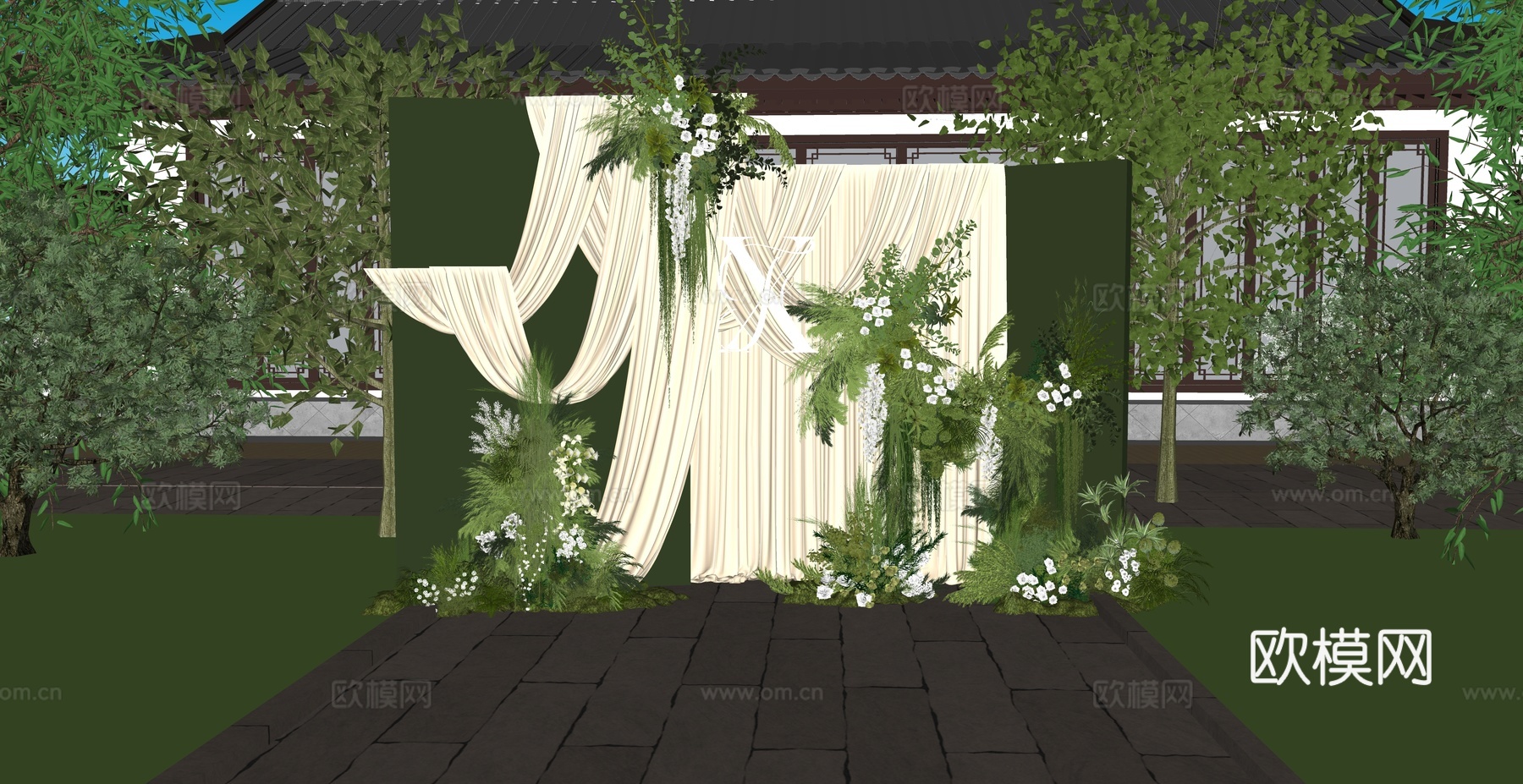 小众自然系白绿花艺婚礼布幔美陈su模型