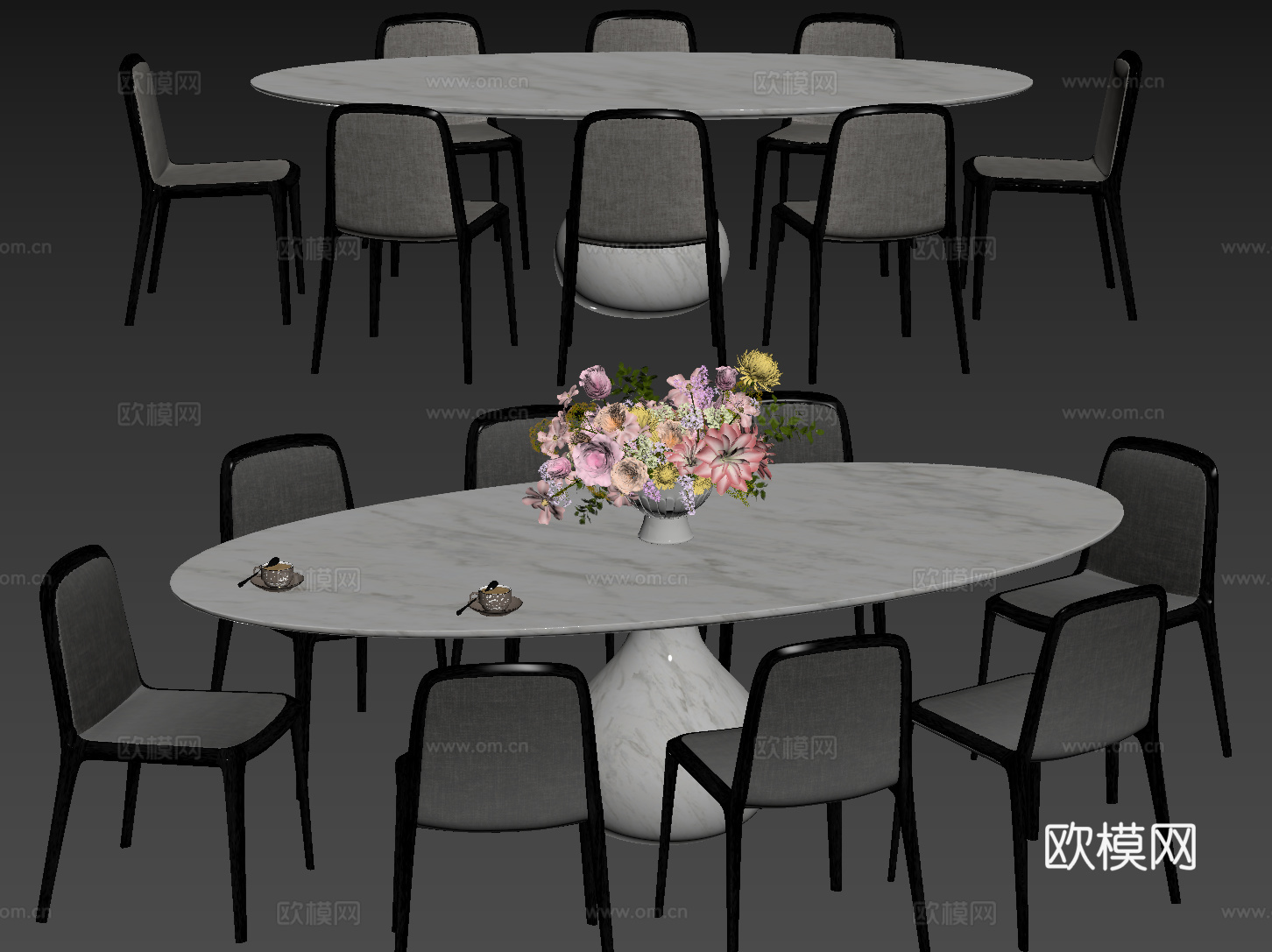 现代桌椅组合 餐桌组合 大理石餐桌 长桌 休闲桌椅su模型