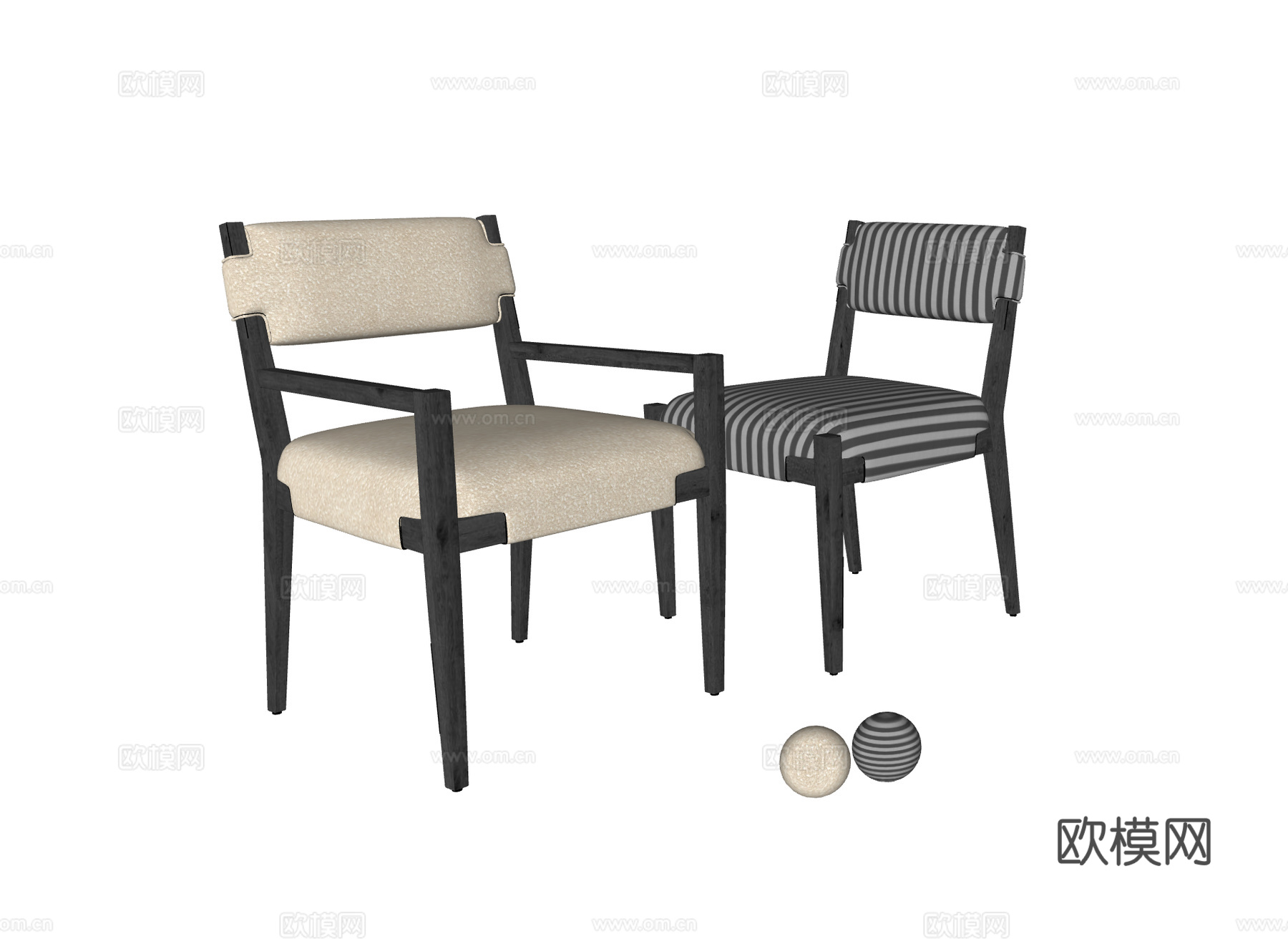 法式中古风单椅组合 扶手椅 餐椅 木椅 羊羔毛 休闲椅 条纹su模型