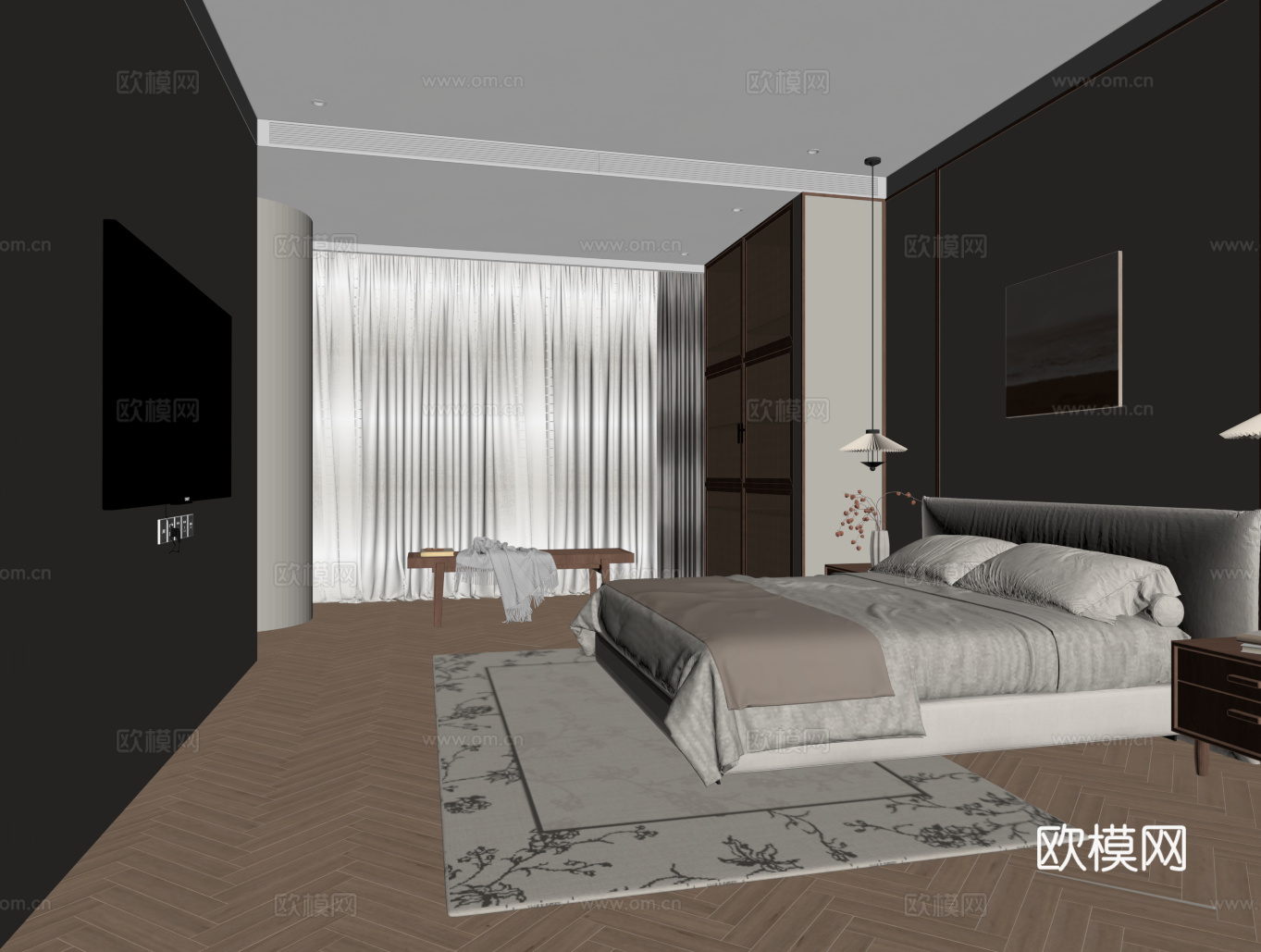 现代中古风卧室 双人床 衣柜su模型