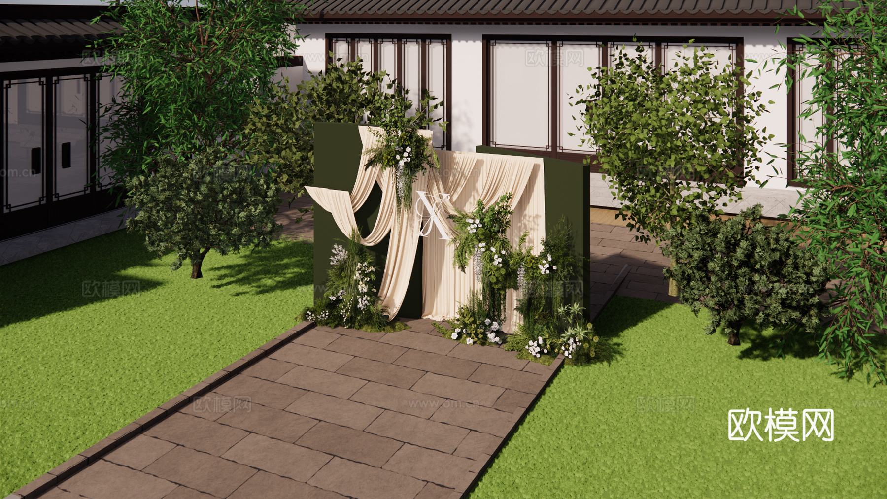 小众自然系白绿花艺婚礼布幔美陈su模型