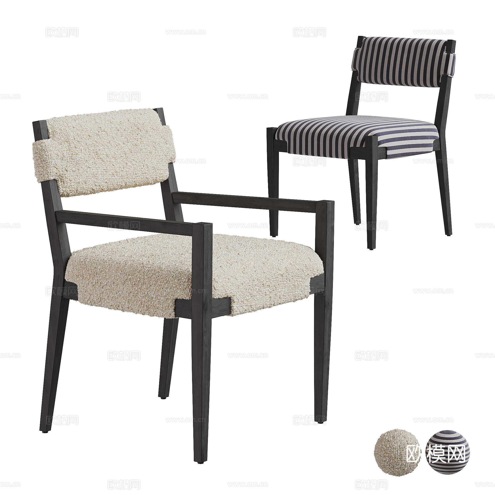 法式中古风单椅组合 扶手椅 餐椅 木椅 羊羔毛 休闲椅 条纹su模型