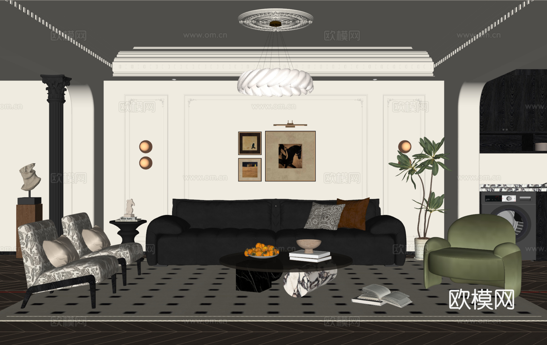 法式中古风客厅 沙发茶几 多人沙发 休闲椅 吊灯 挂画 地毯su模型